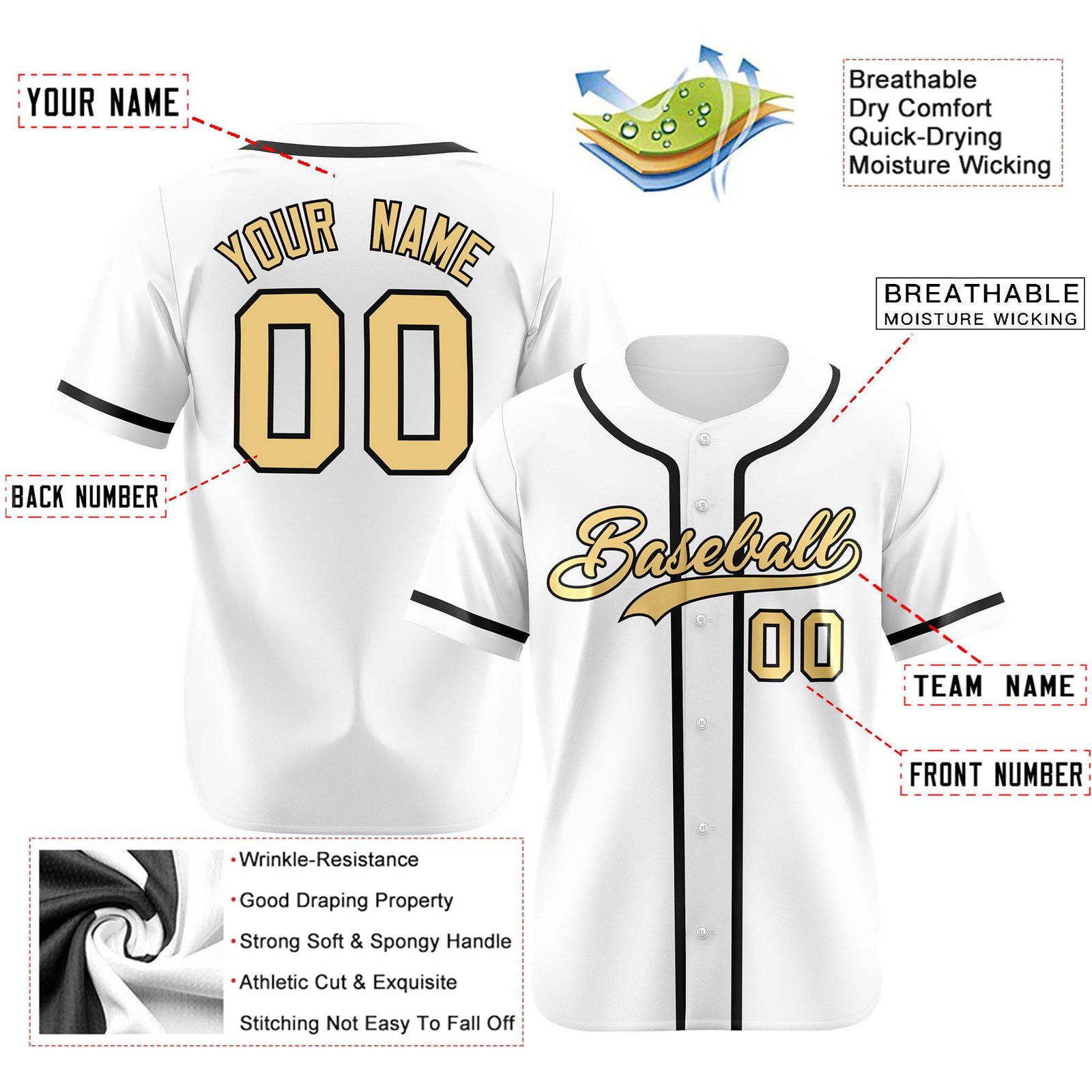 Custom White Glod-Black Classic Style Authentic Baseball Jersey