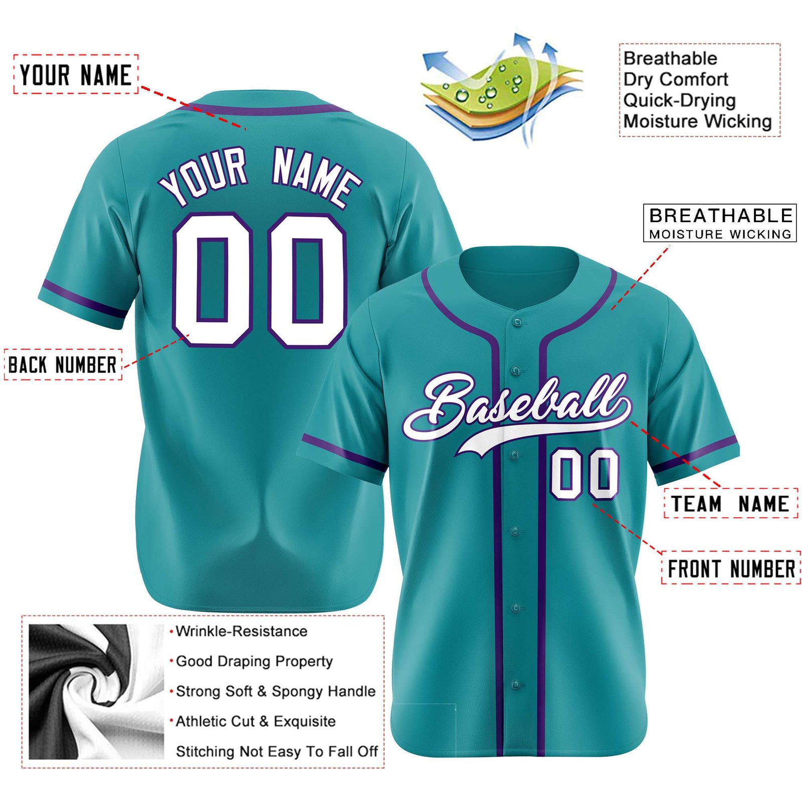 Custom Aqua White-Purple Classic Style Authentic Baseball Jersey
