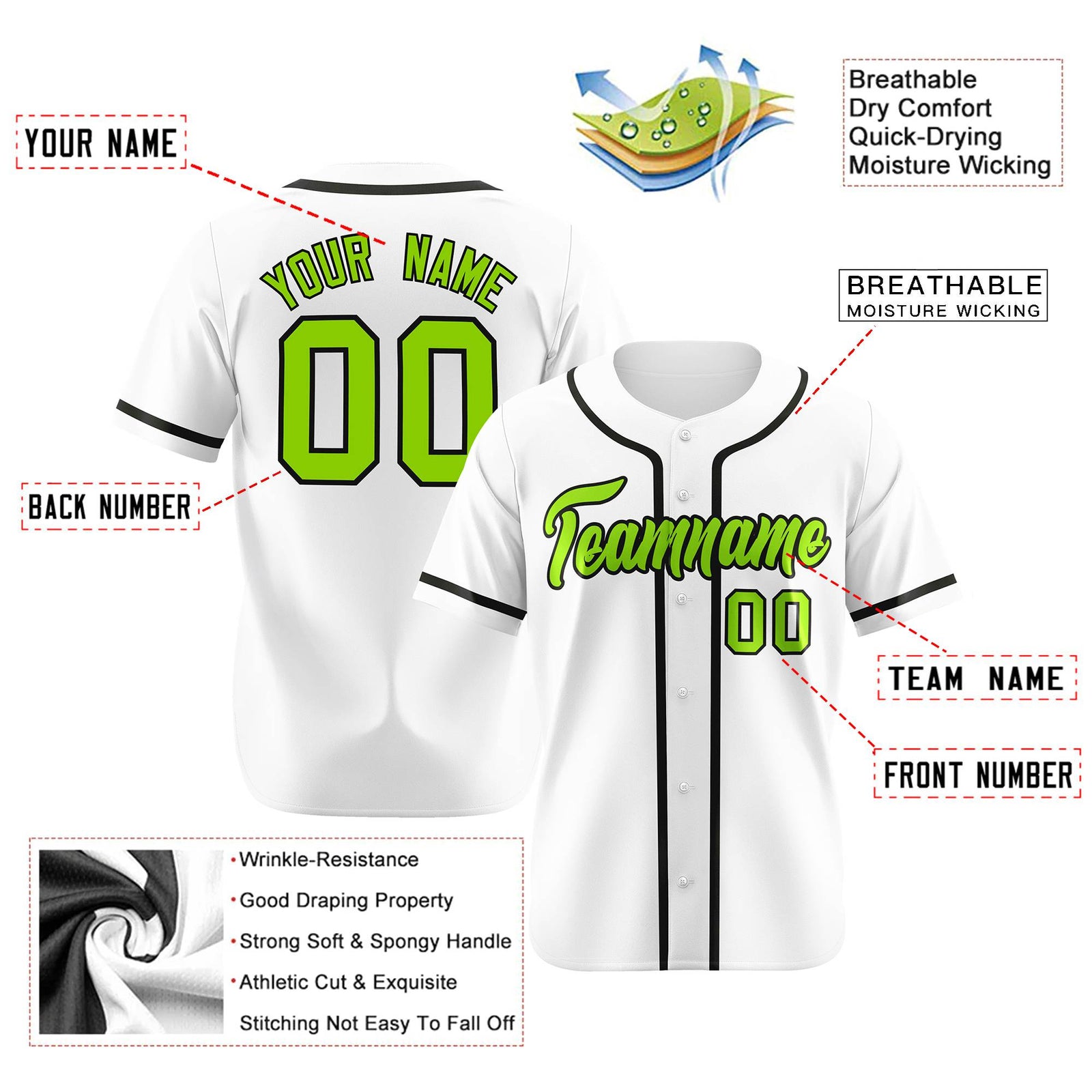 Custom White Neon Green-Black Classic Style Authentic Baseball Jersey