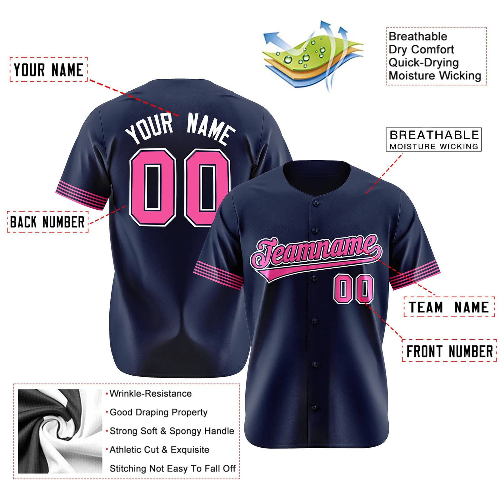 Custom Navy Pink-White Classic Style Authentic Baseball Jersey