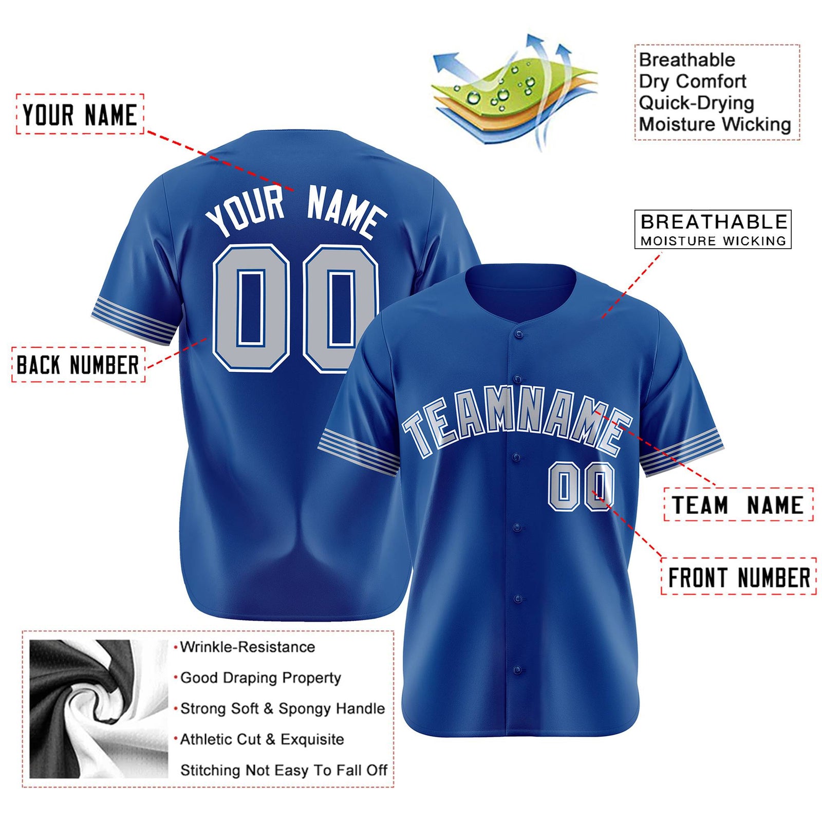 Custom Royal Blue Gray-White Classic Style Authentic Baseball Jersey
