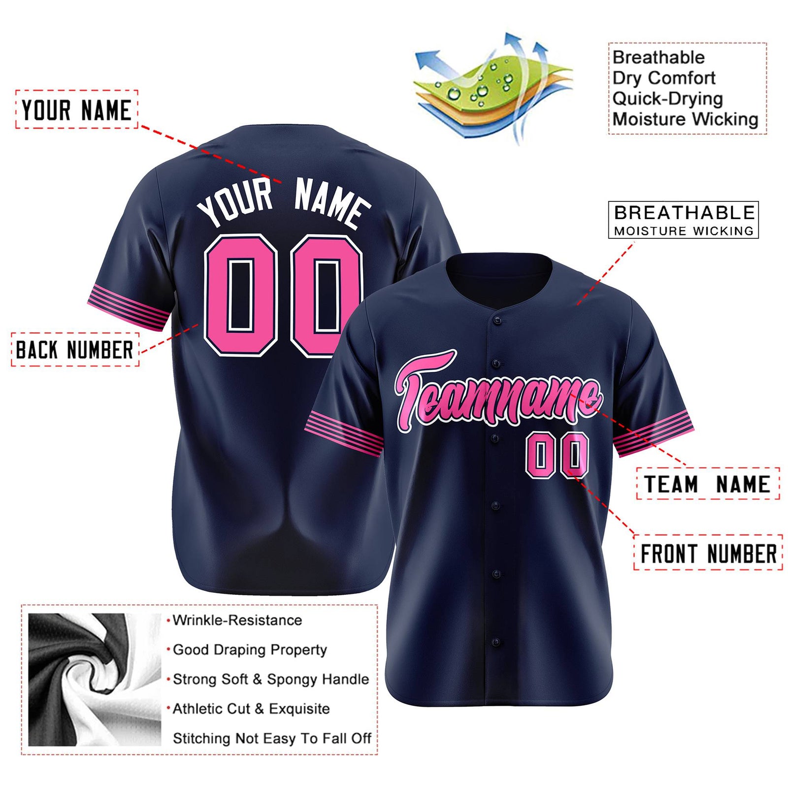 Custom Navy Pink-White Classic Style Authentic Baseball Jersey