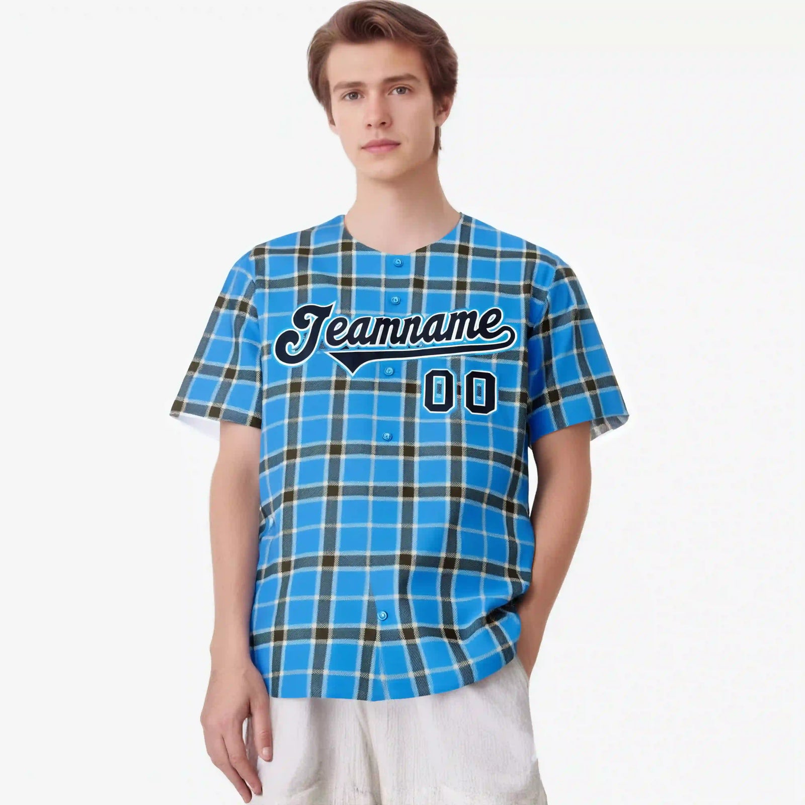 Custom Powder Blue Navy Personalized Plaid Design Authentic Baseball Jersey