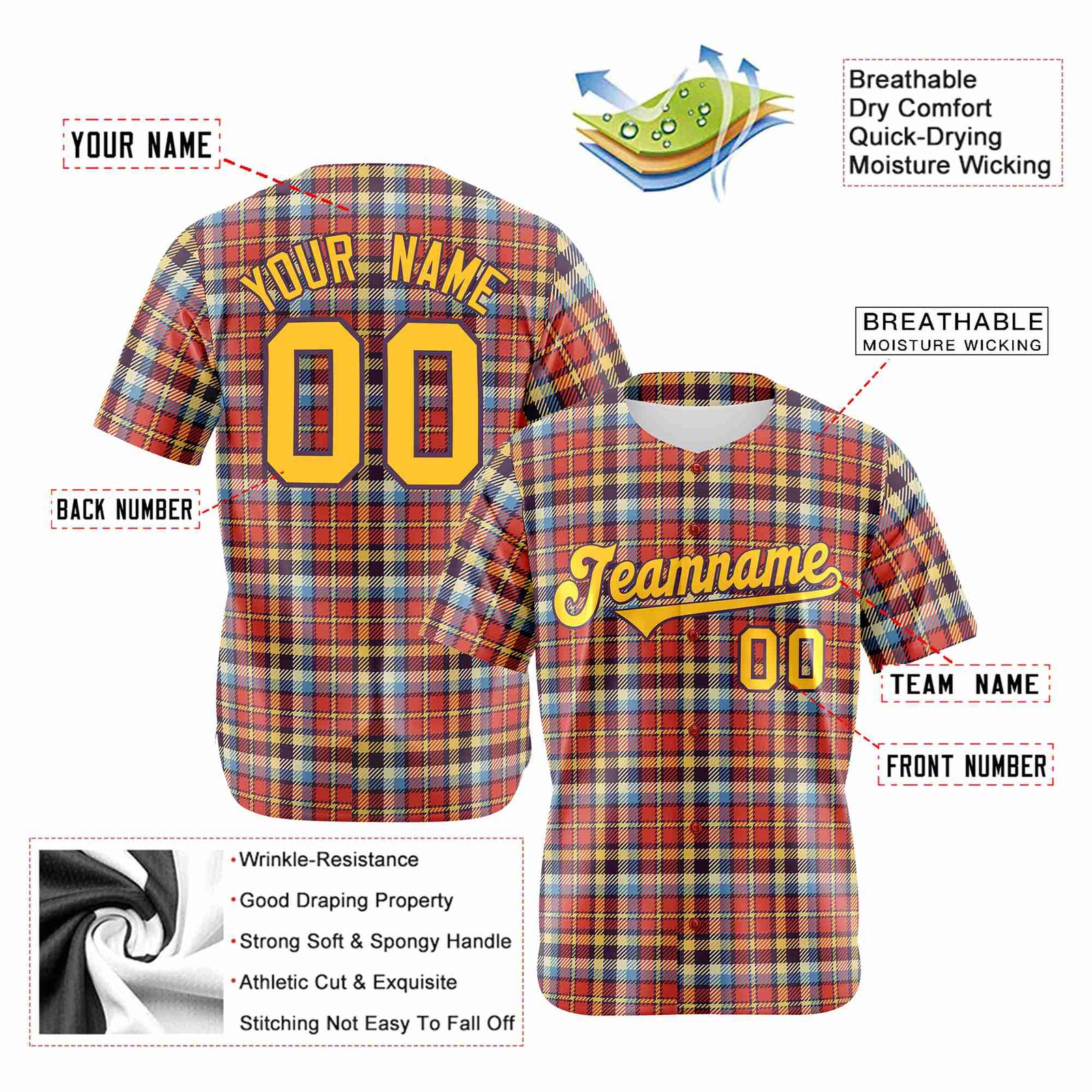 Custom Orange Yellow-Blue Personalized Plaid Design Authentic Baseball Jersey