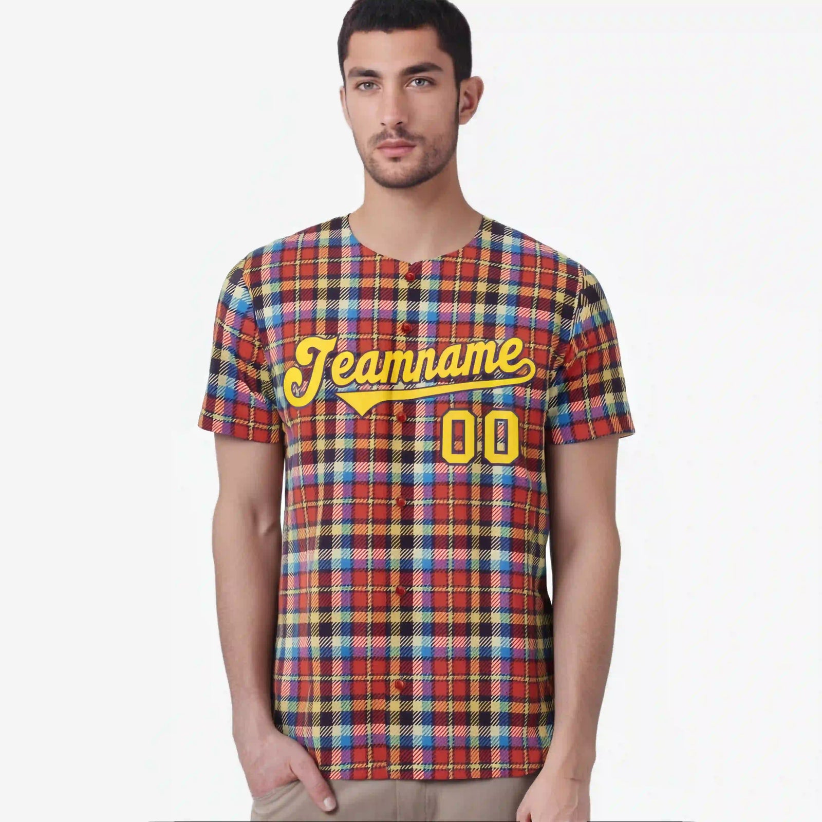 Custom Orange Yellow-Blue Personalized Plaid Design Authentic Baseball Jersey