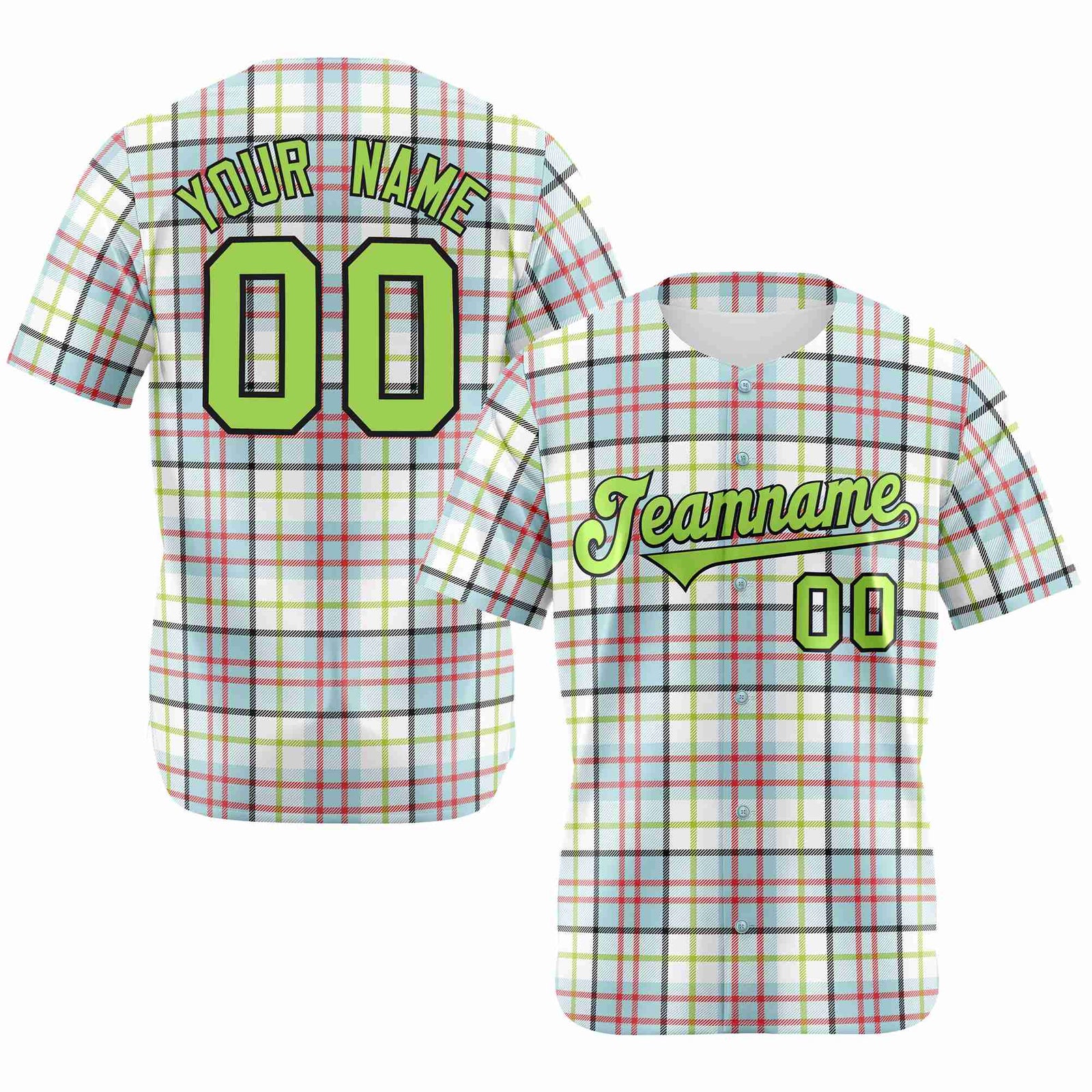 Custom White Neon Green-Red Personalized Plaid Design Authentic Baseball Jersey