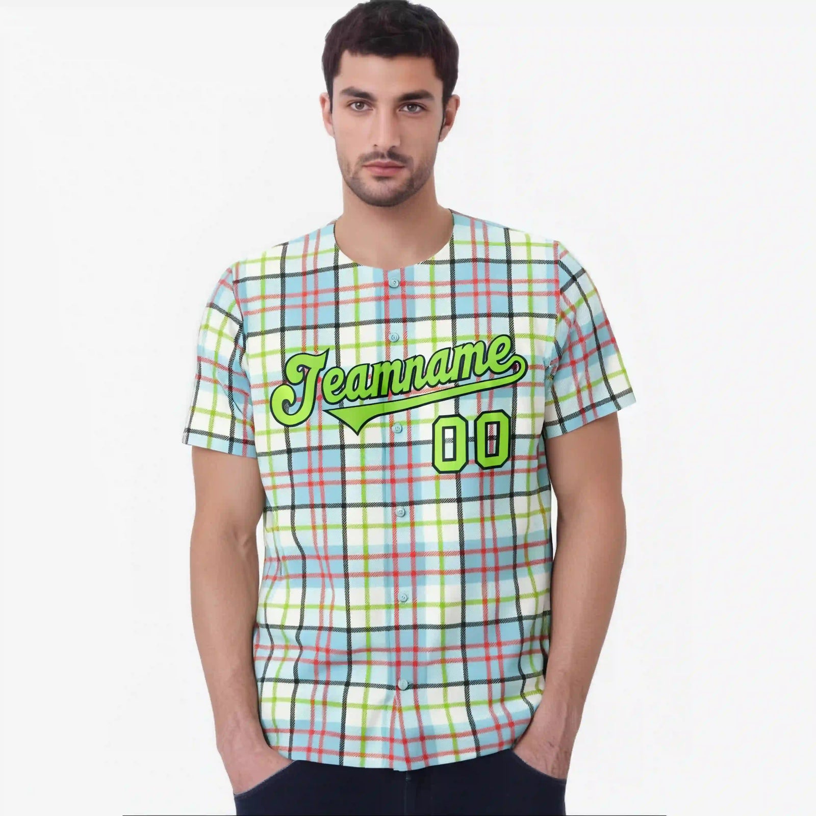 Custom White Neon Green-Red Personalized Plaid Design Authentic Baseball Jersey
