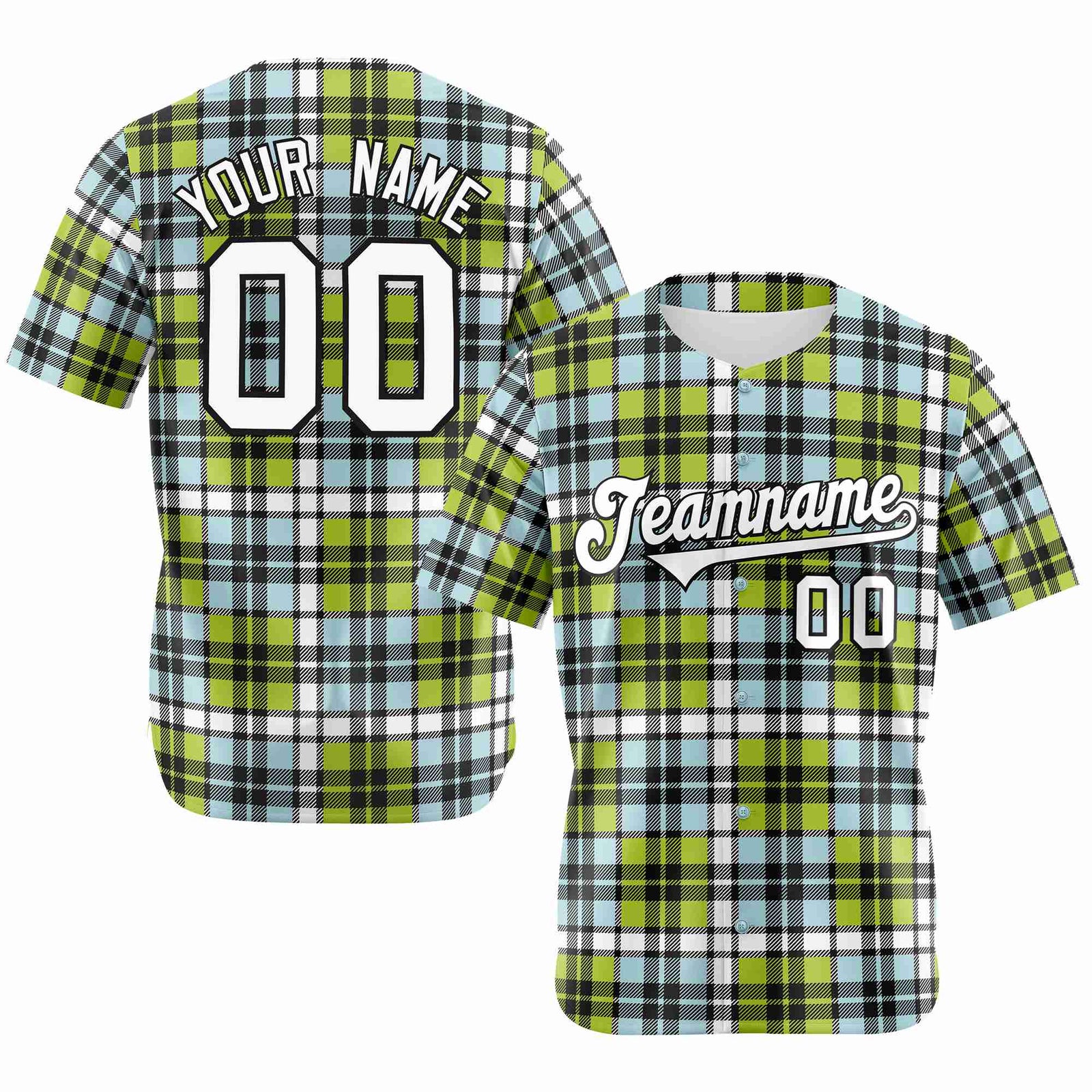Custom Neon Green Light Blue Personalized Plaid Design Authentic Baseball Jersey