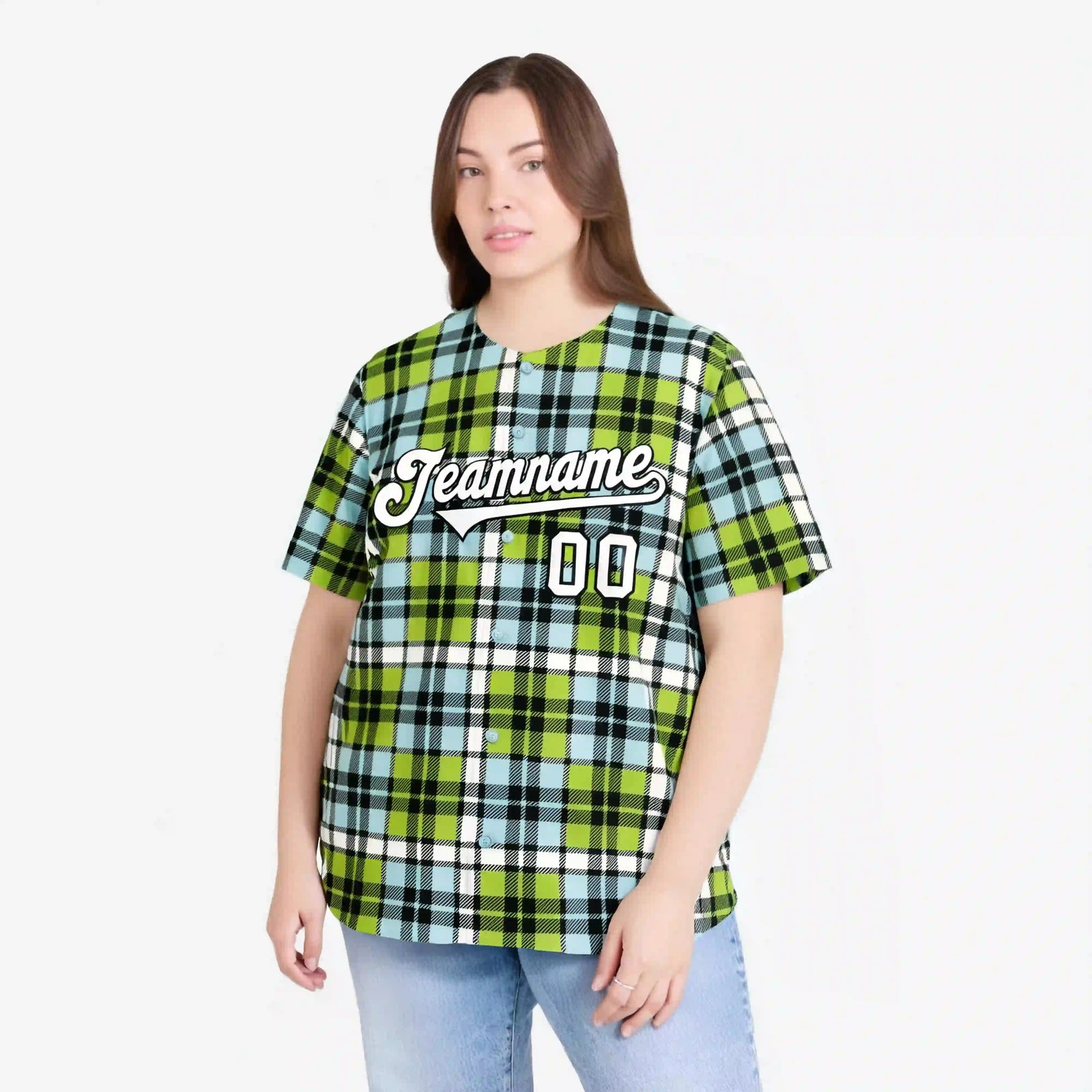 Custom Neon Green Light Blue Personalized Plaid Design Authentic Baseball Jersey