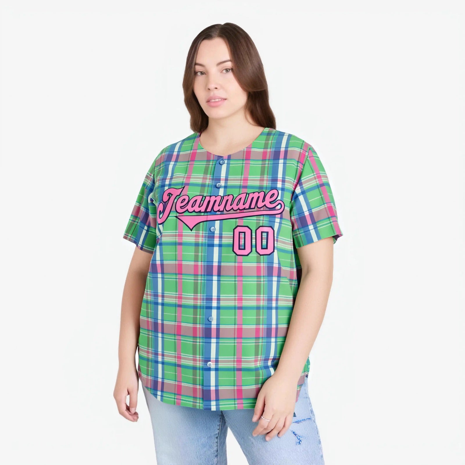 Custom Kelly Green Light Blue Personalized Plaid Design Authentic Baseball Jersey