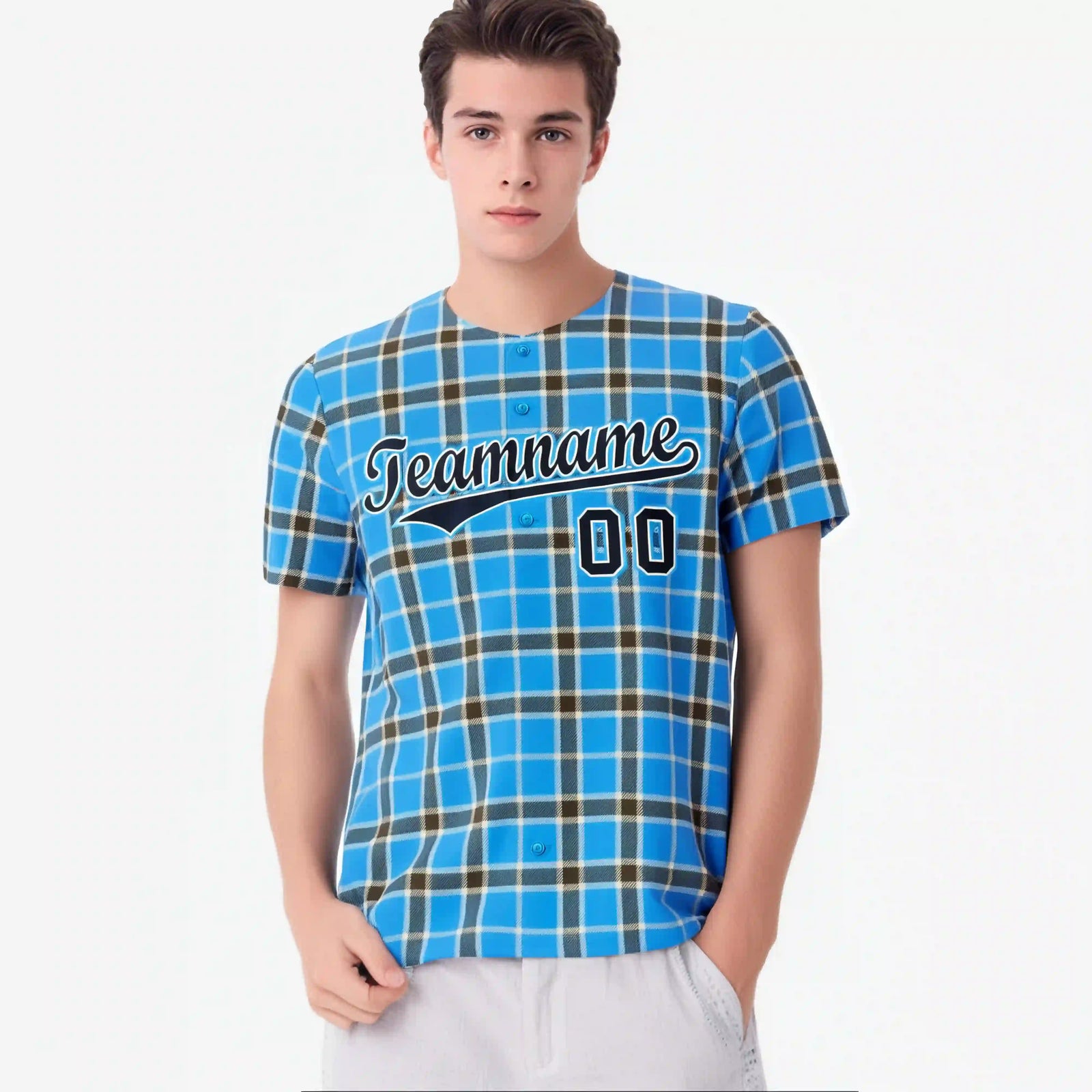 Custom Powder Blue Navy Personalized Plaid Design Authentic Baseball Jersey