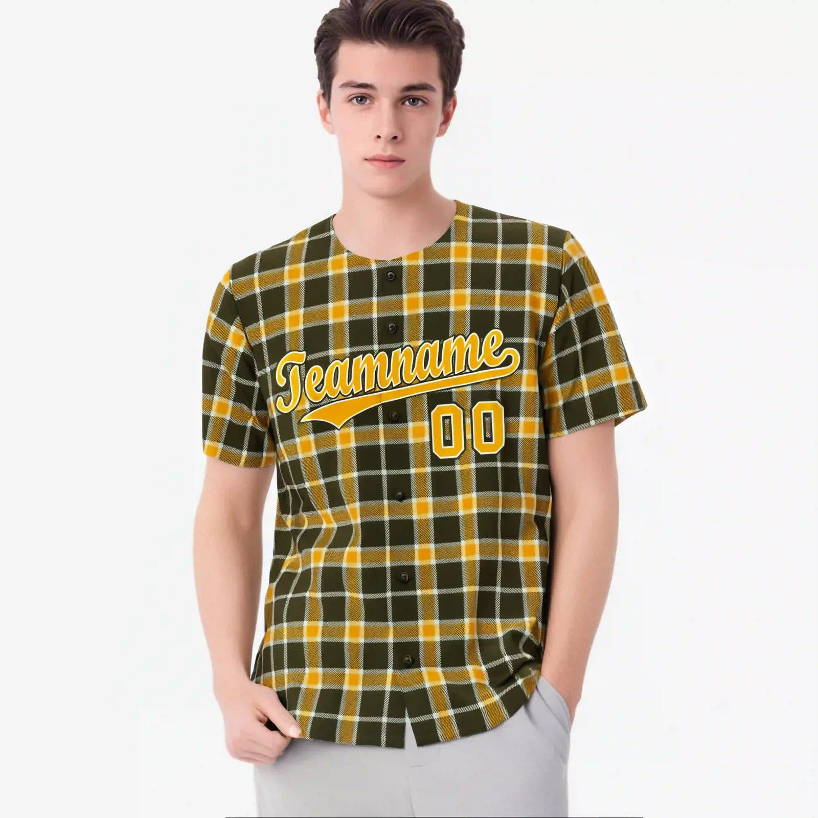 Custom Yellow Dark Gray Personalized Plaid Design Authentic Baseball Jersey