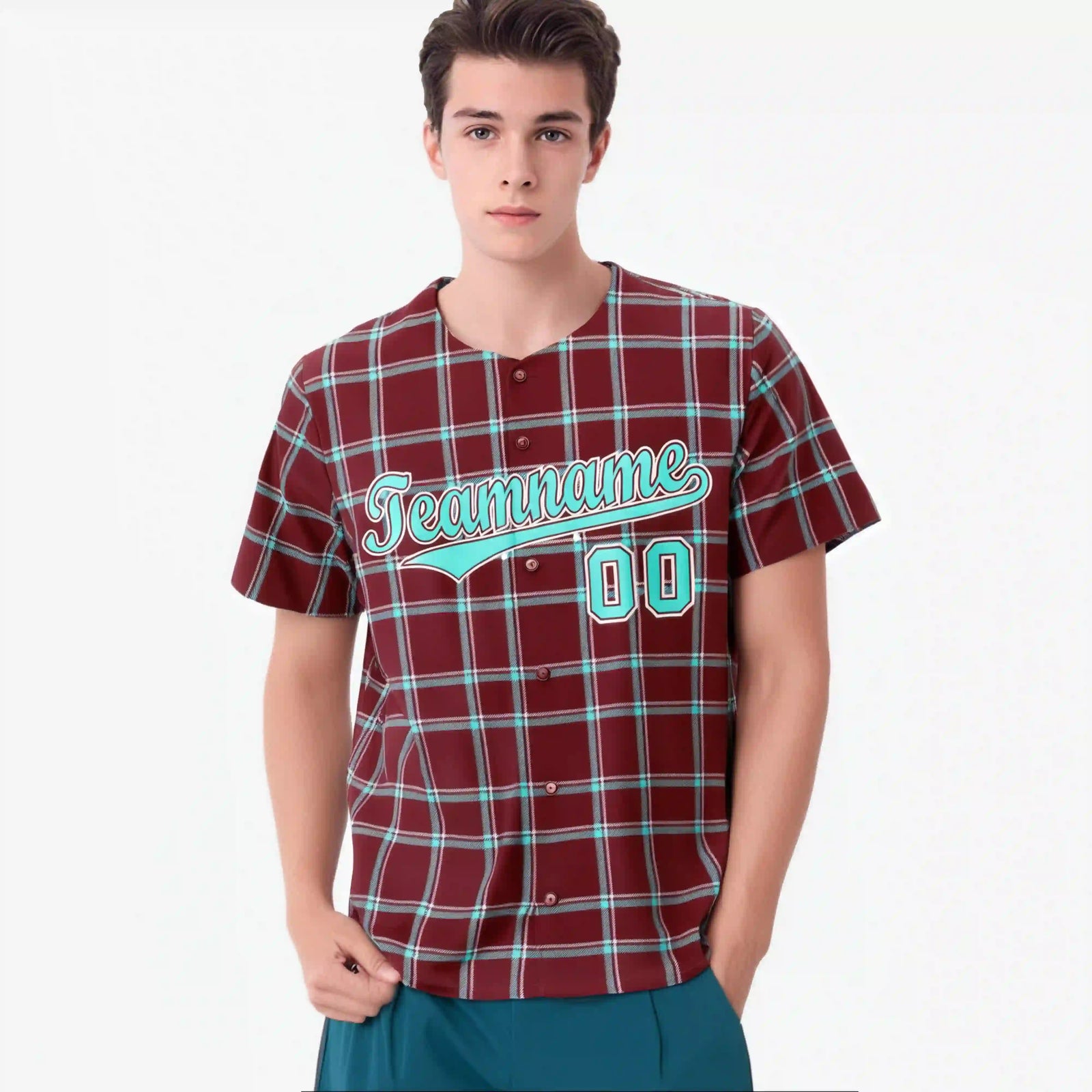 Custom Crimson Aqua Personalized Plaid Design Authentic Baseball Jersey
