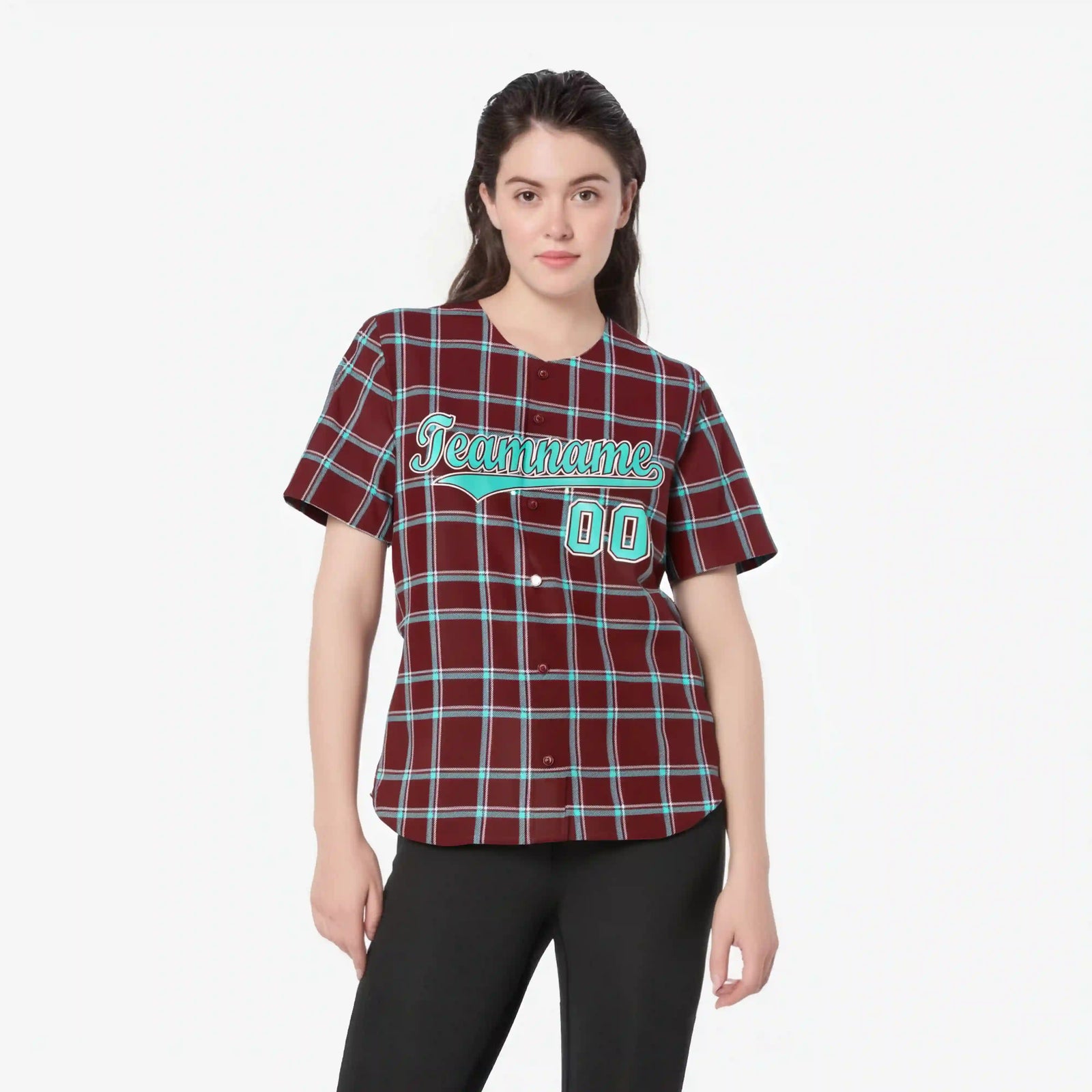 Custom Crimson Aqua Personalized Plaid Design Authentic Baseball Jersey