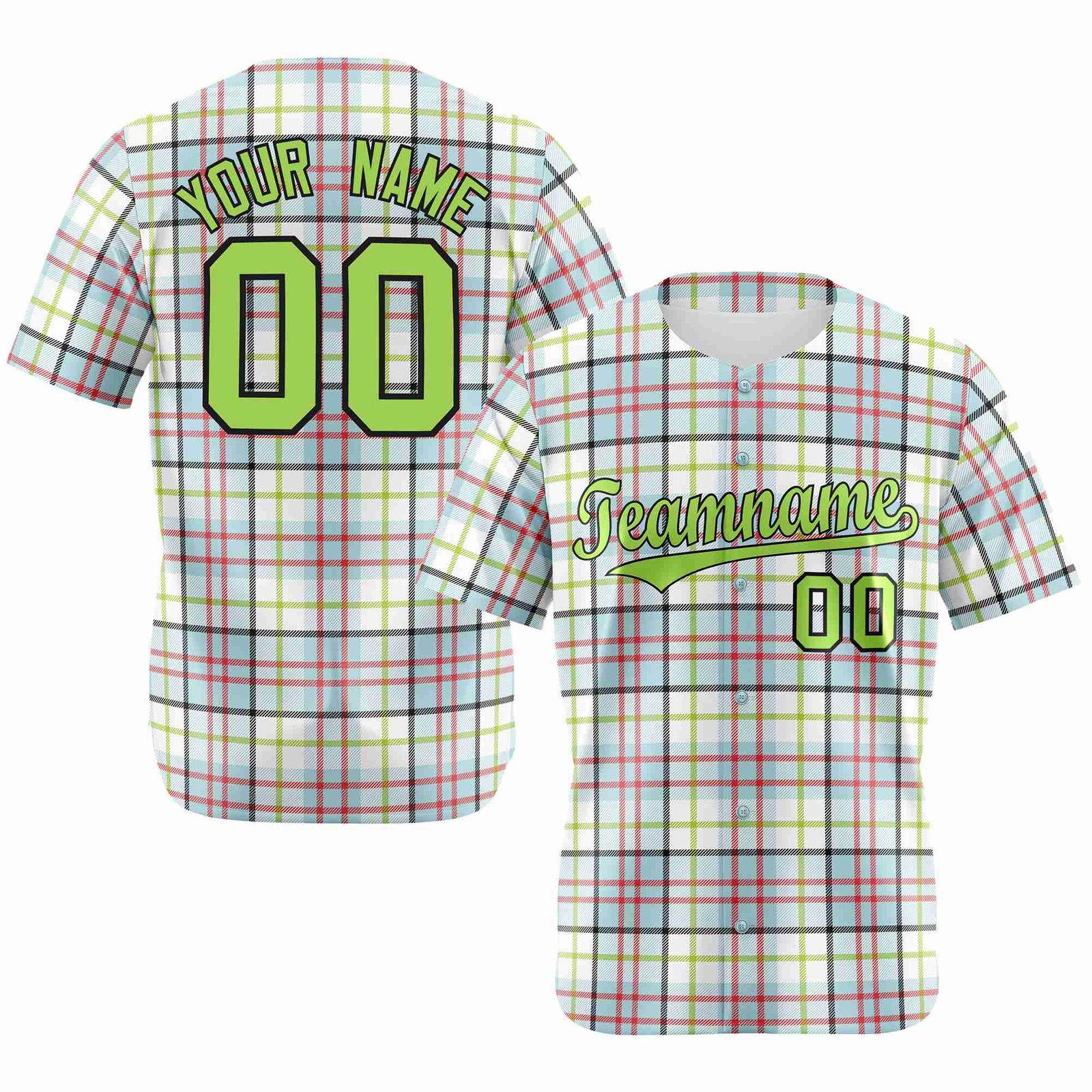 Custom White Neon Green-Red Personalized Plaid Design Authentic Baseball Jersey