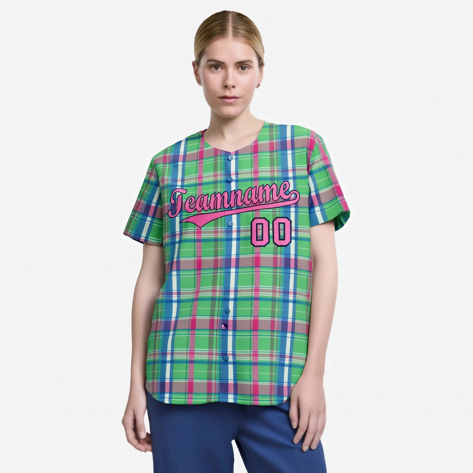 Custom Kelly Green Light Blue Personalized Plaid Design Authentic Baseball Jersey