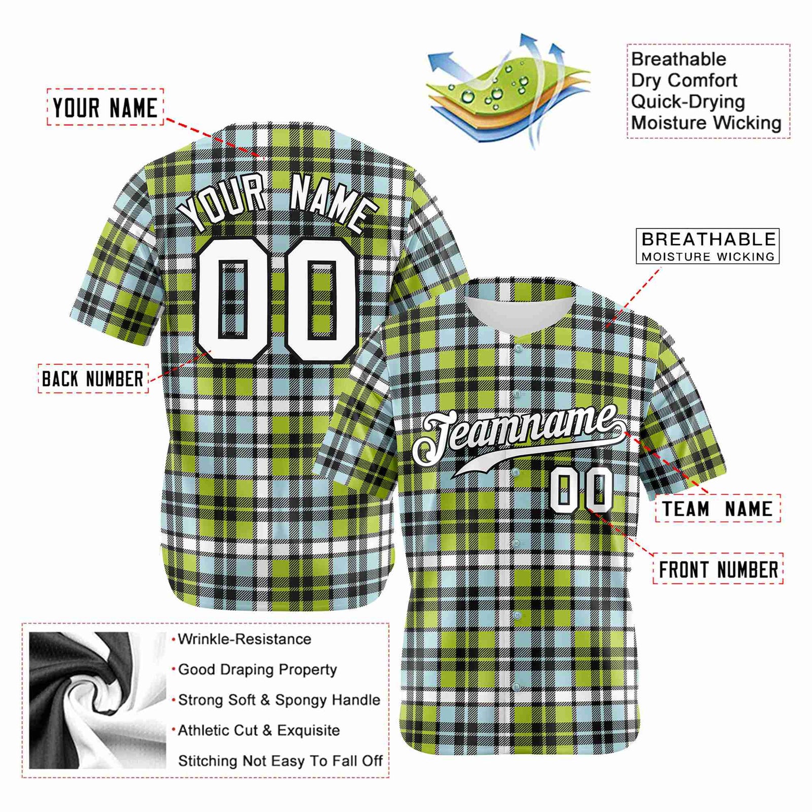 Custom Neon Green Light Blue Personalized Plaid Design Authentic Baseball Jersey