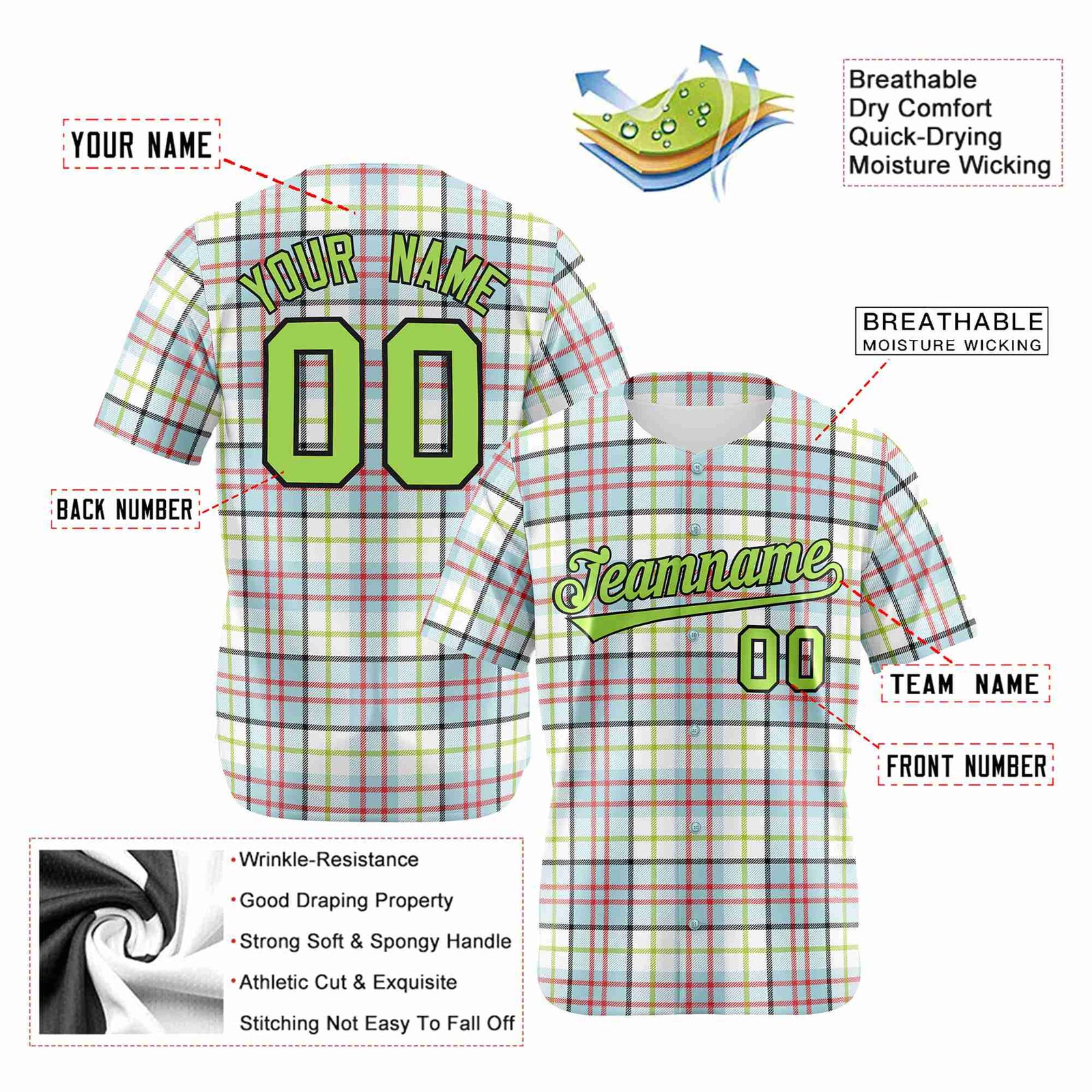 Custom White Neon Green-Red Personalized Plaid Design Authentic Baseball Jersey