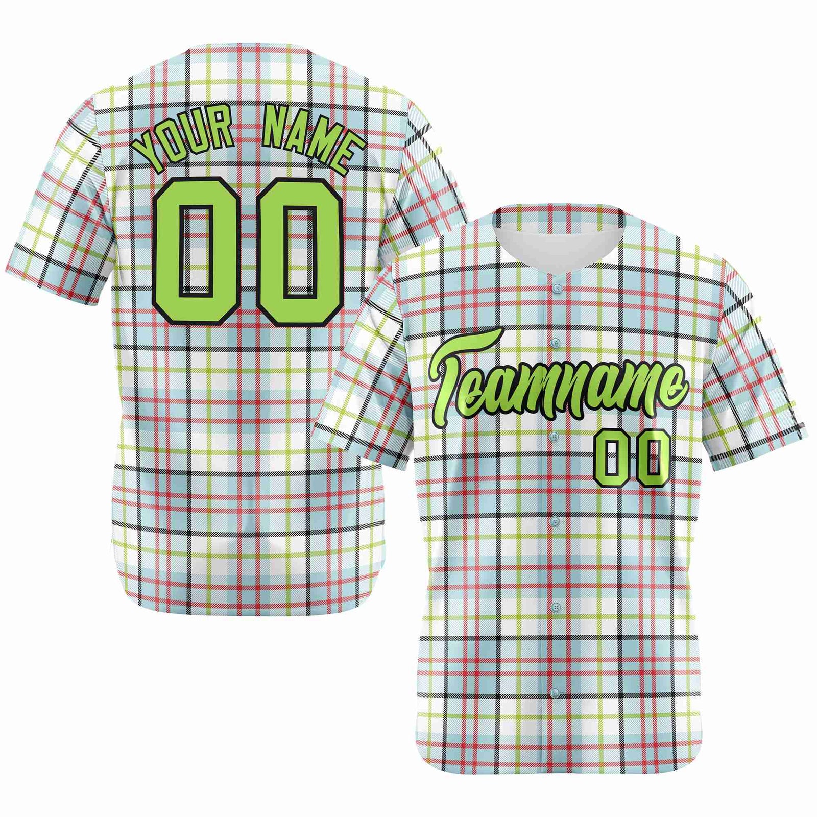 Custom White Neon Green-Red Personalized Plaid Design Authentic Baseball Jersey