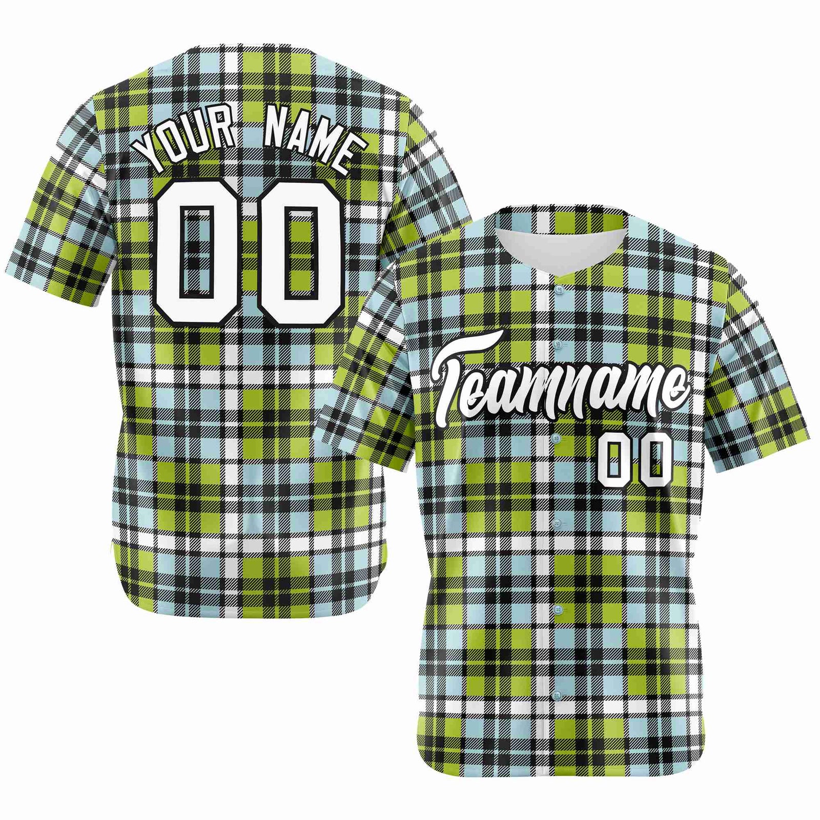 Custom Neon Green Light Blue Personalized Plaid Design Authentic Baseball Jersey