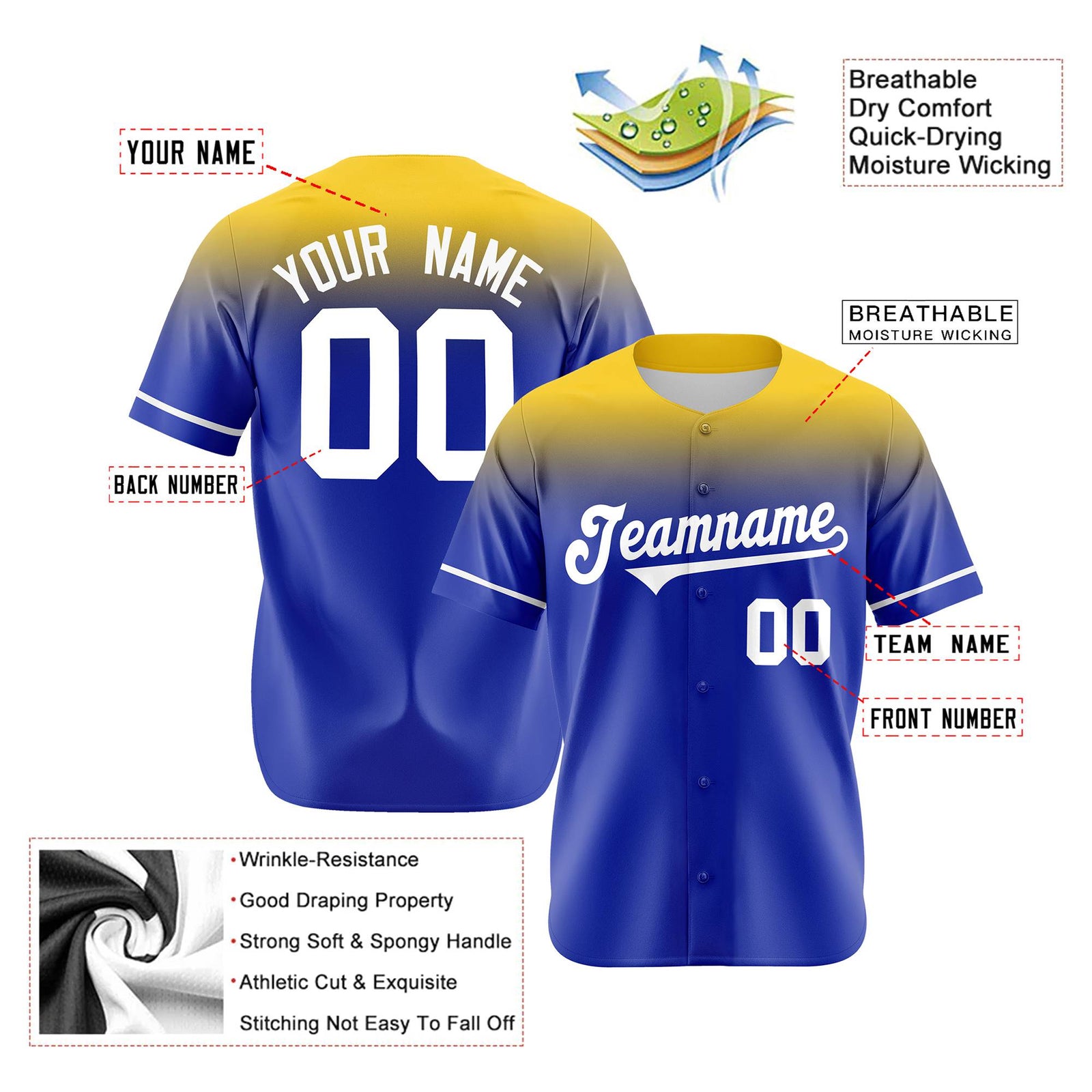 Custom Royal Blue Gold Gradient Fashion Design Authentic Baseball Jersey