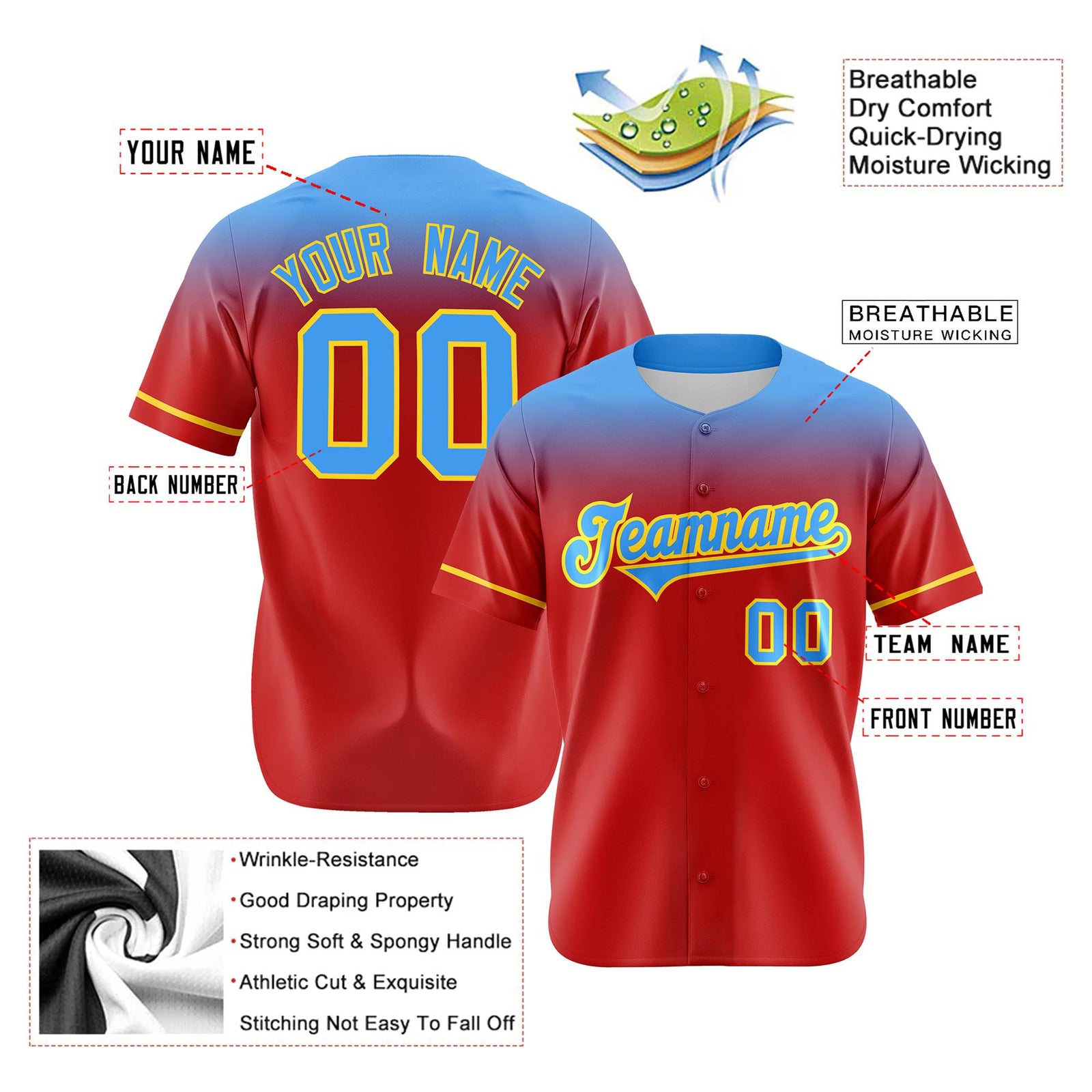 Custom Red Powder Blue Gradient Fashion Design Authentic Baseball Jersey