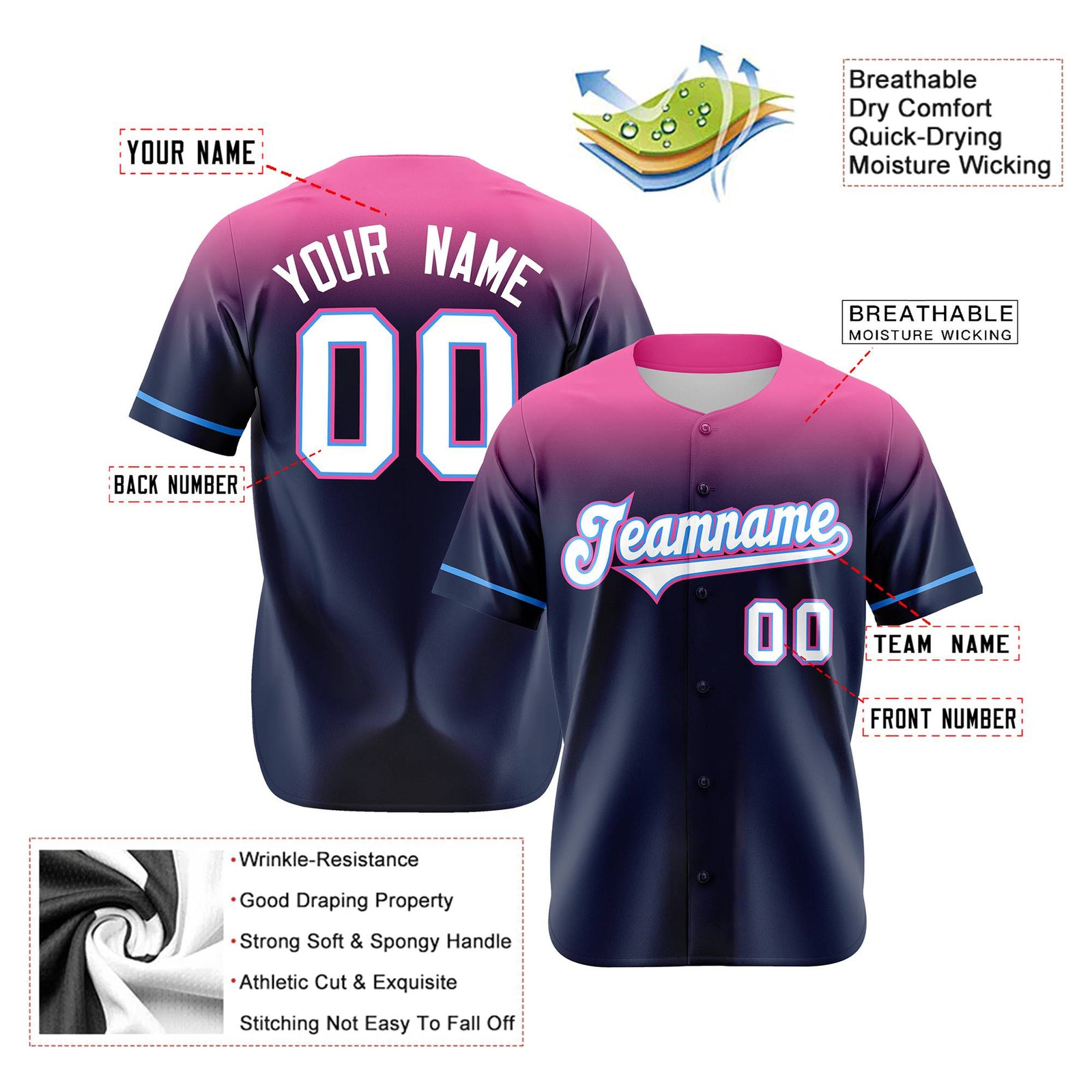 Custom Navy Pink Gradient Fashion Design Authentic Baseball Jersey