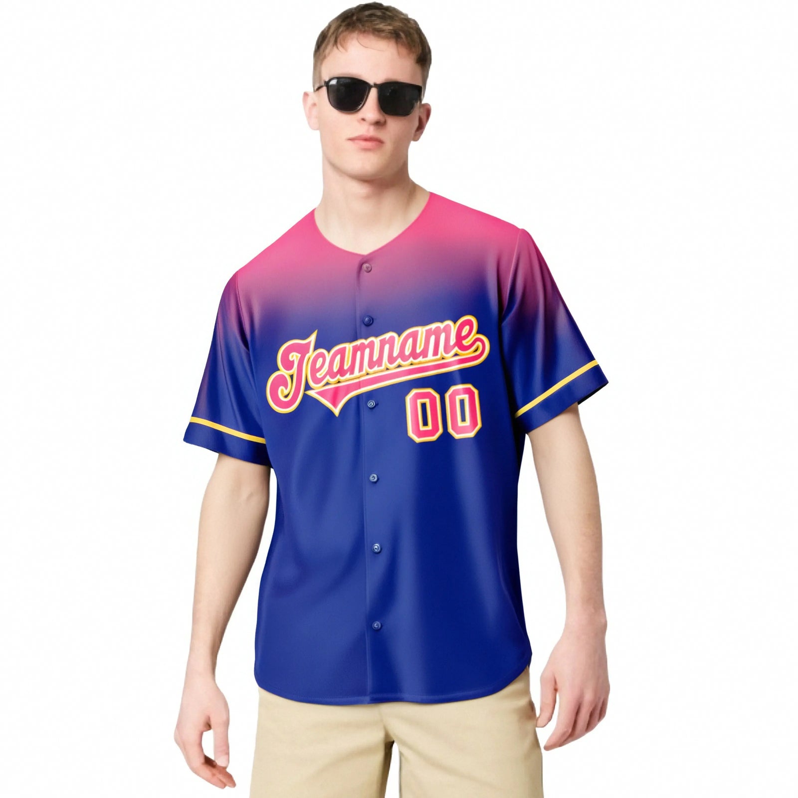Camiseta de béisbol auténtica personalizada con diseño de moda degradado en azul real y rosa