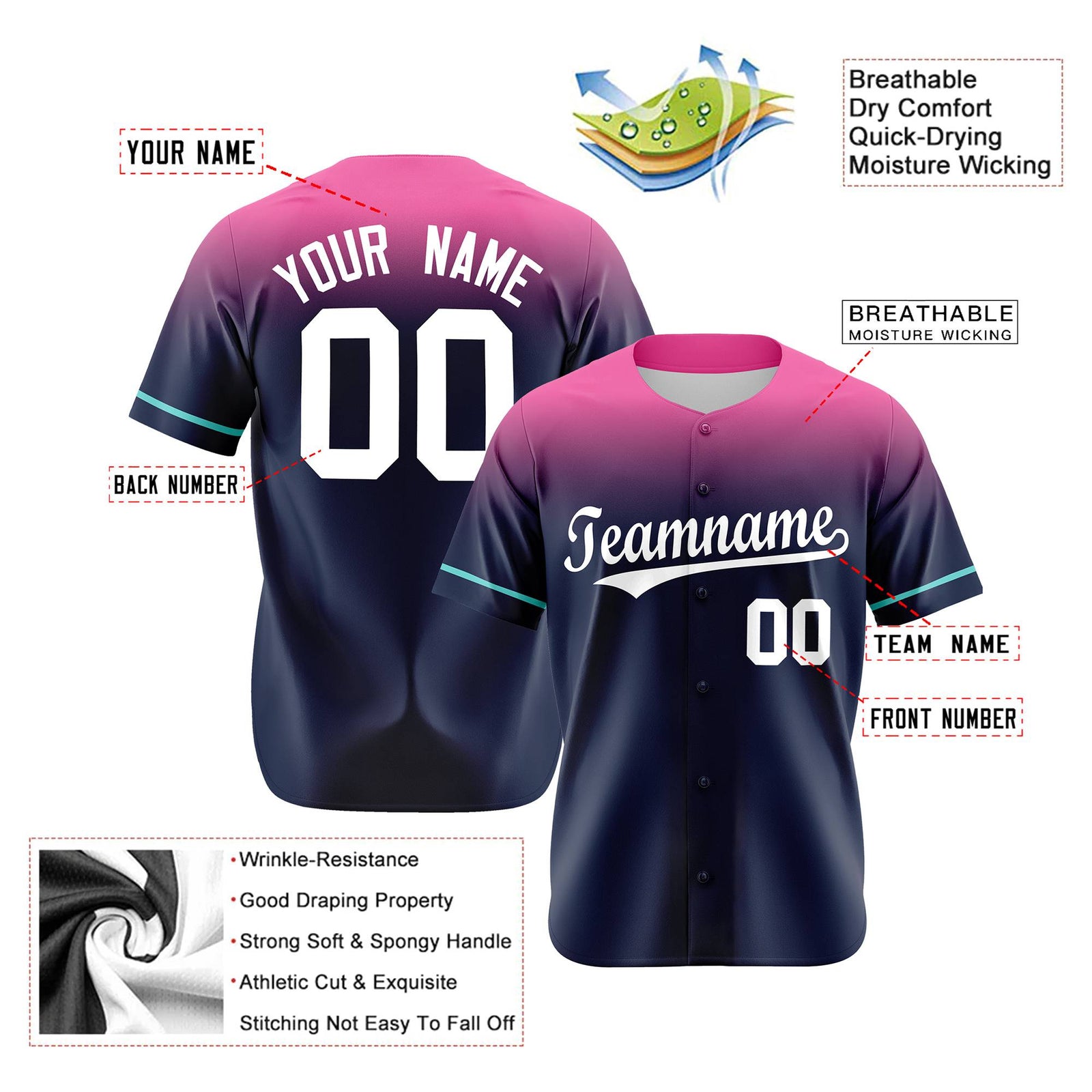 Custom Navy Pink Gradient Fashion Design Authentic Baseball Jersey