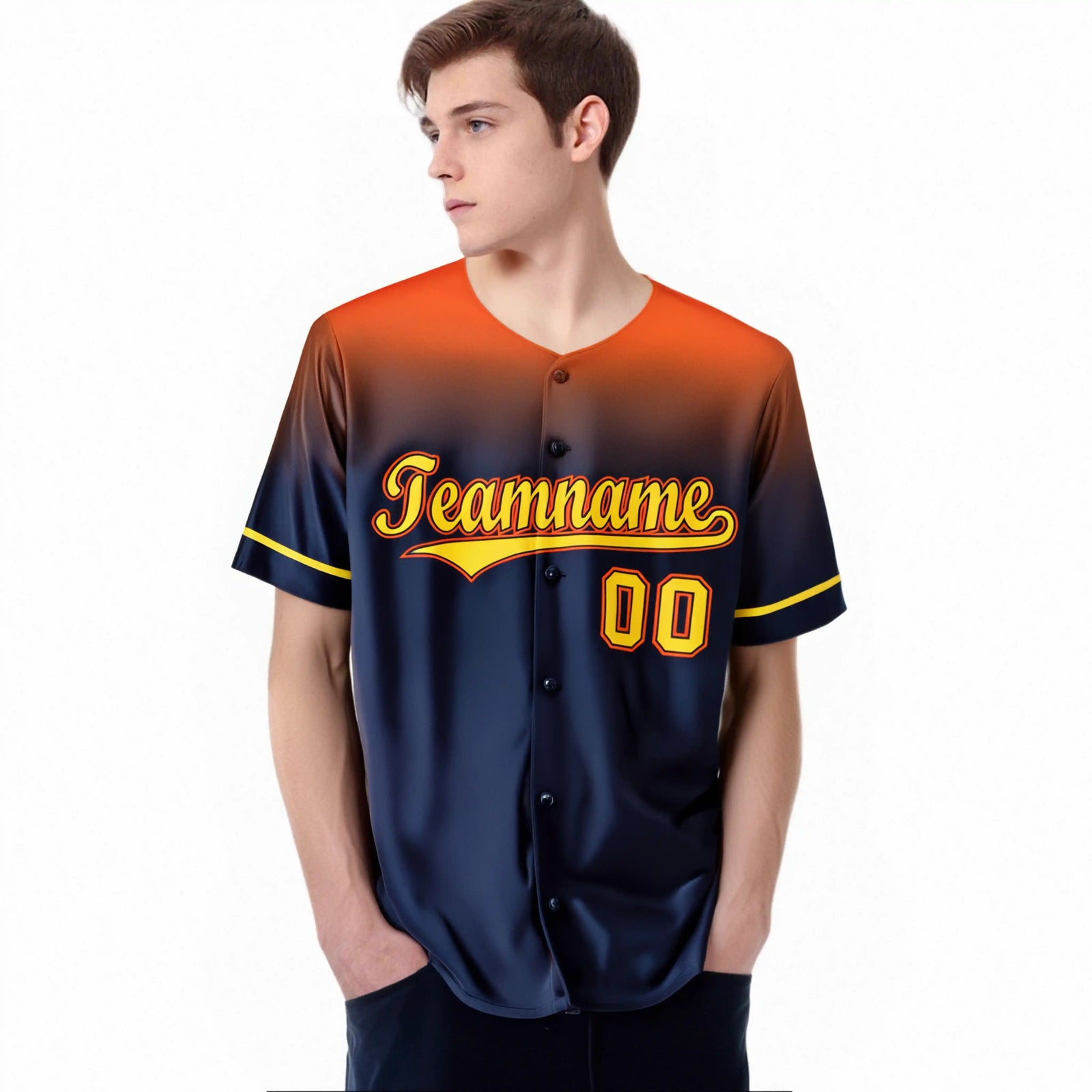 Camiseta de béisbol auténtica personalizada con diseño de moda degradado en azul marino y naranja