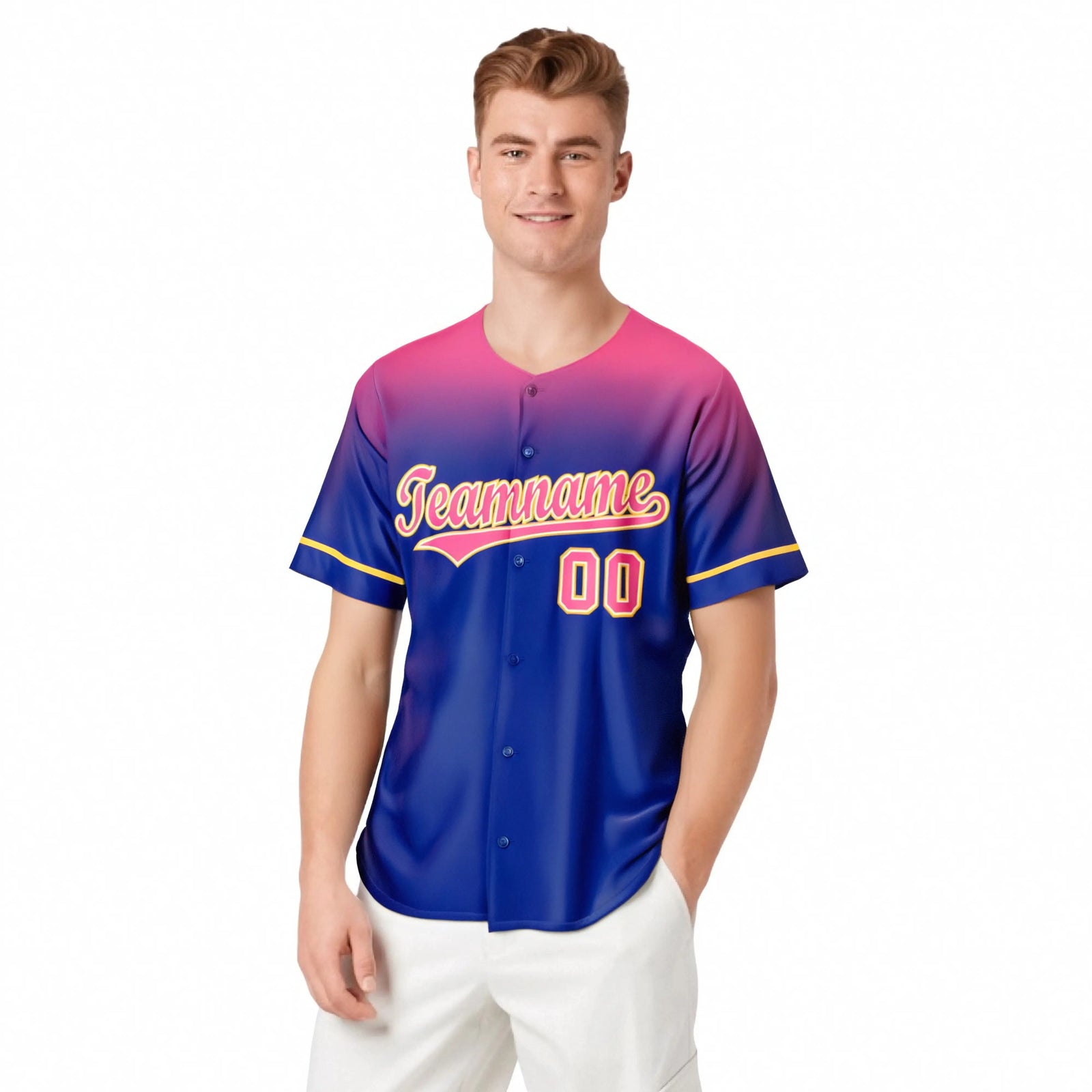 Custom Royal Blue Pink Gradient Fashion Design Authentic Baseball Jersey