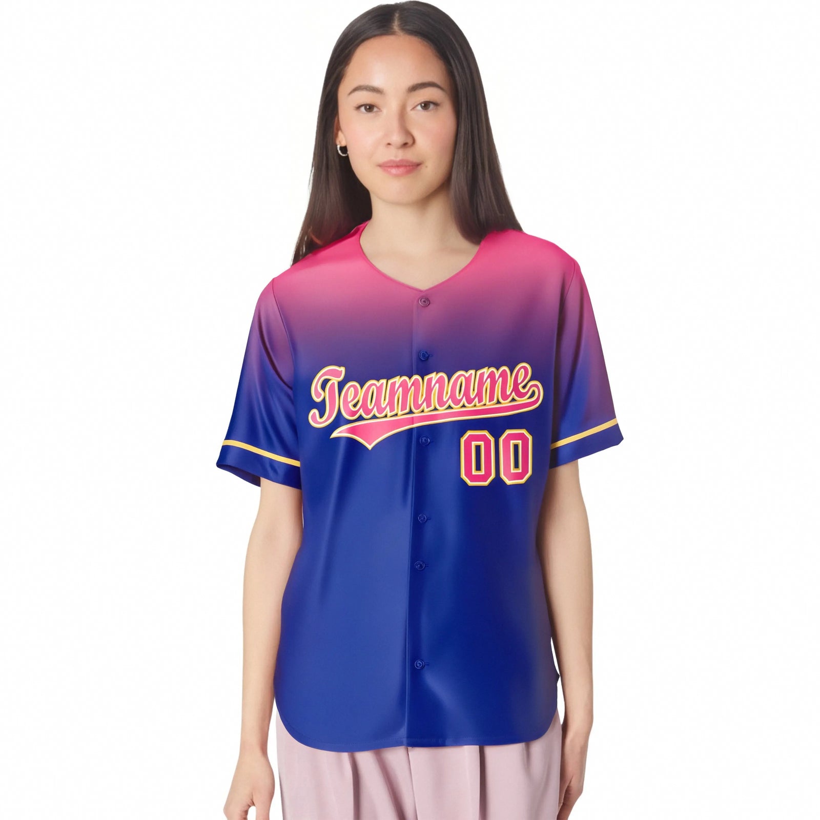 Custom Royal Blue Pink Gradient Fashion Design Authentic Baseball Jersey
