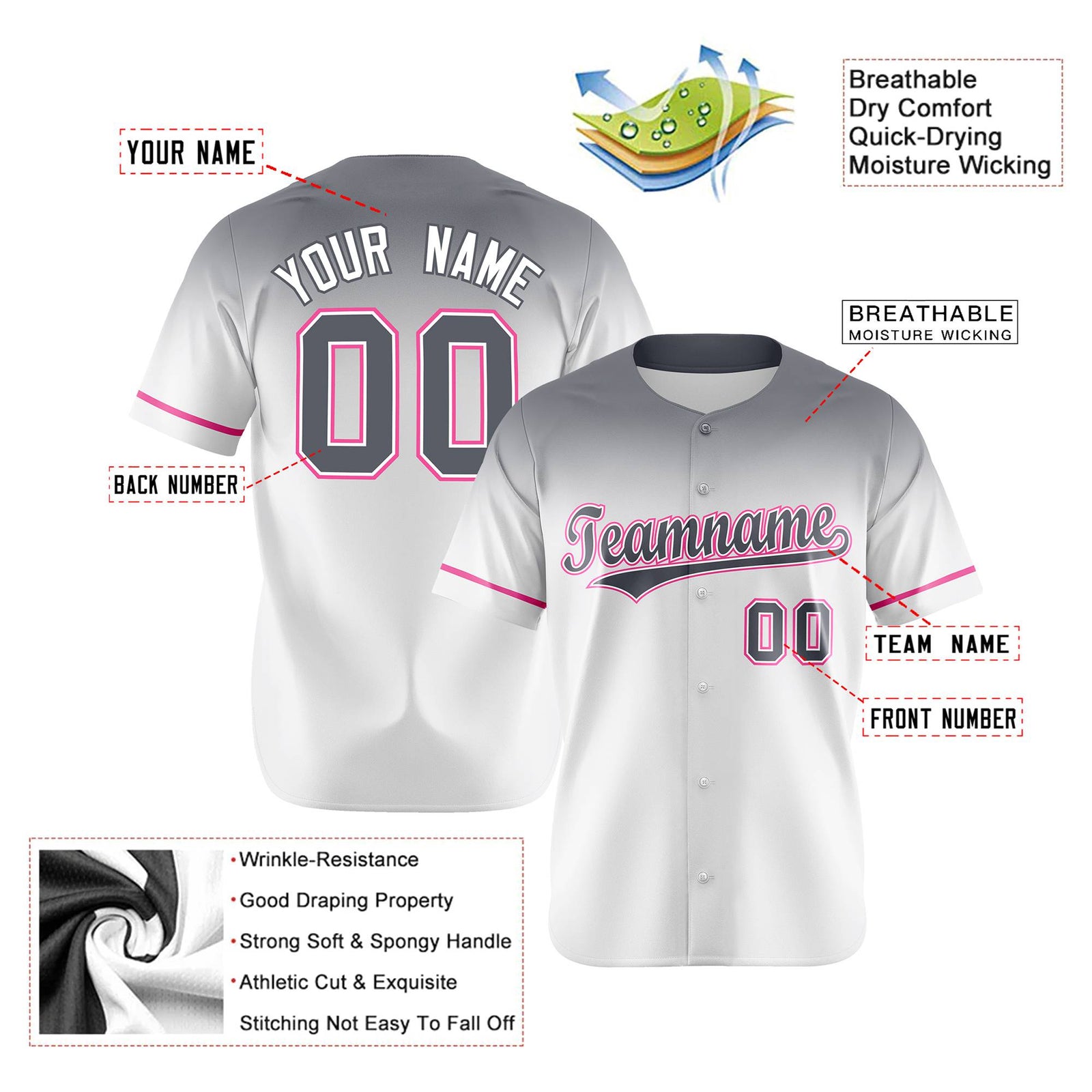 Custom White Gray Gradient Fashion Design Authentic Baseball Jersey
