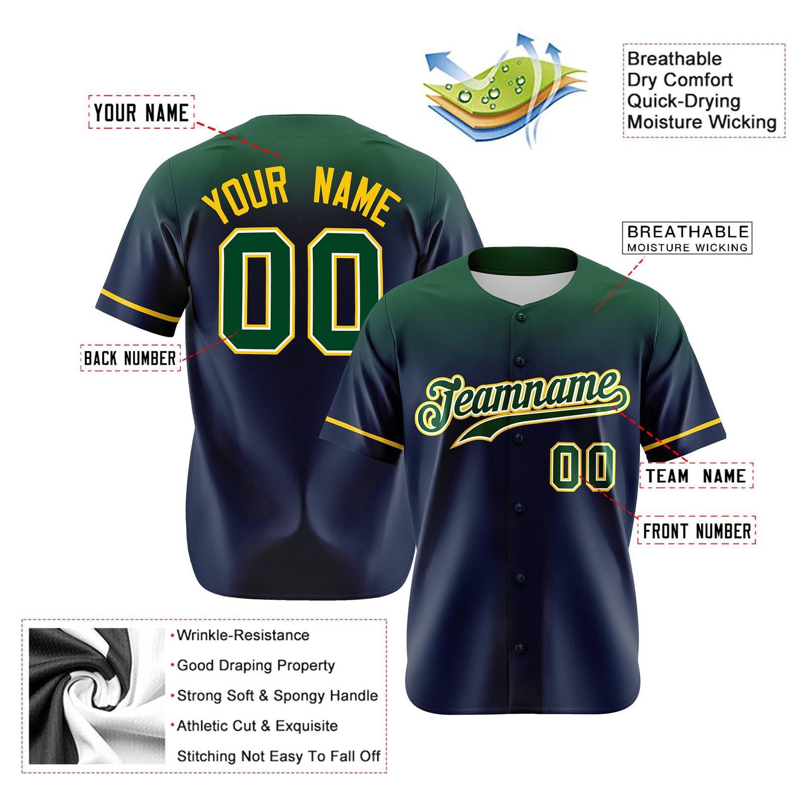 Custom Navy Green Gradient Fashion Design Authentic Baseball Jersey