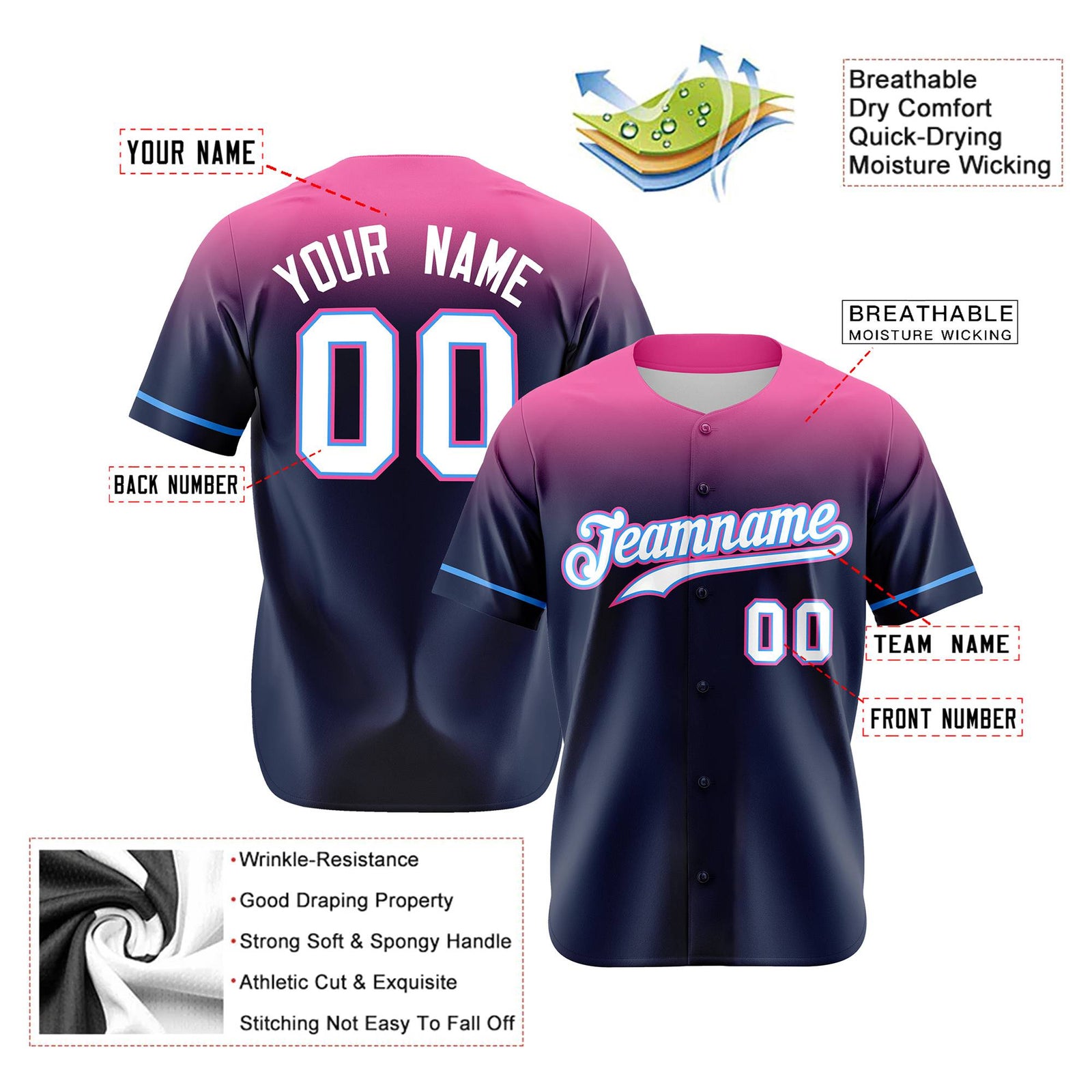 Custom Navy Pink Gradient Fashion Design Authentic Baseball Jersey