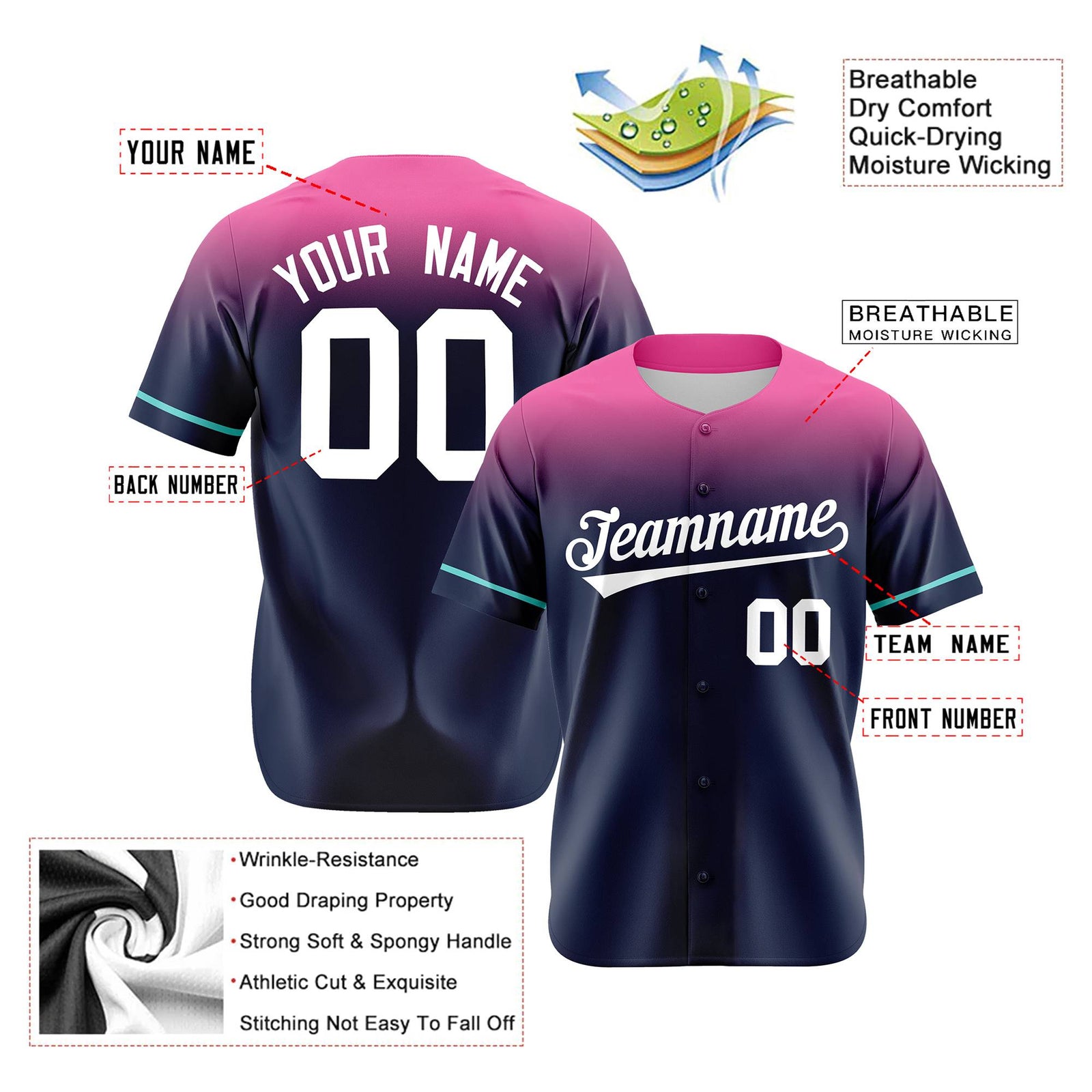 Custom Navy Pink Gradient Fashion Design Authentic Baseball Jersey