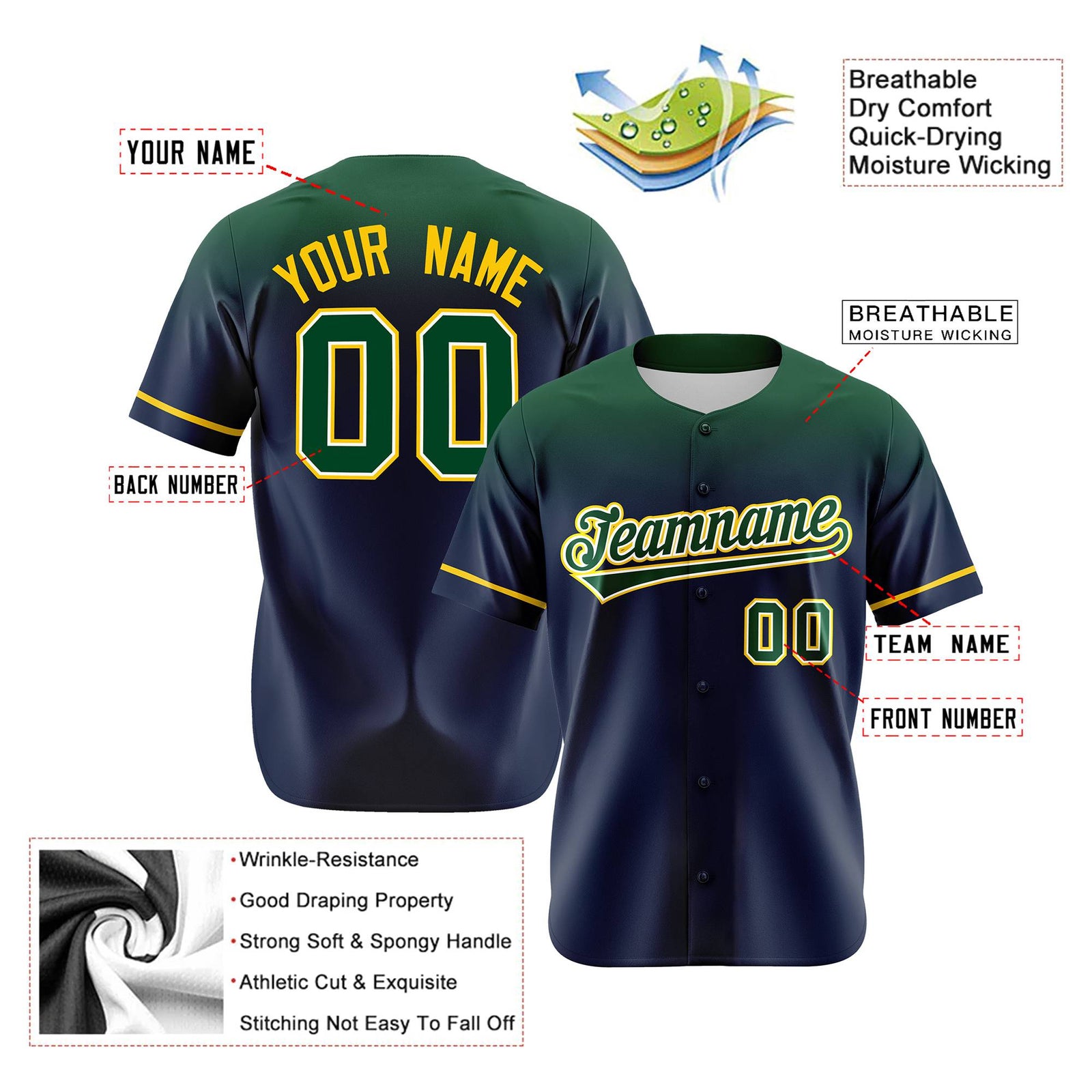 Custom Navy Green Gradient Fashion Design Authentic Baseball Jersey
