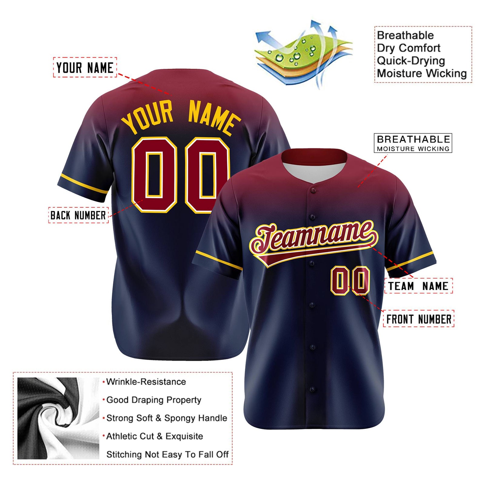 Custom Navy Crimson Gradient Fashion Design Authentic Baseball Jersey