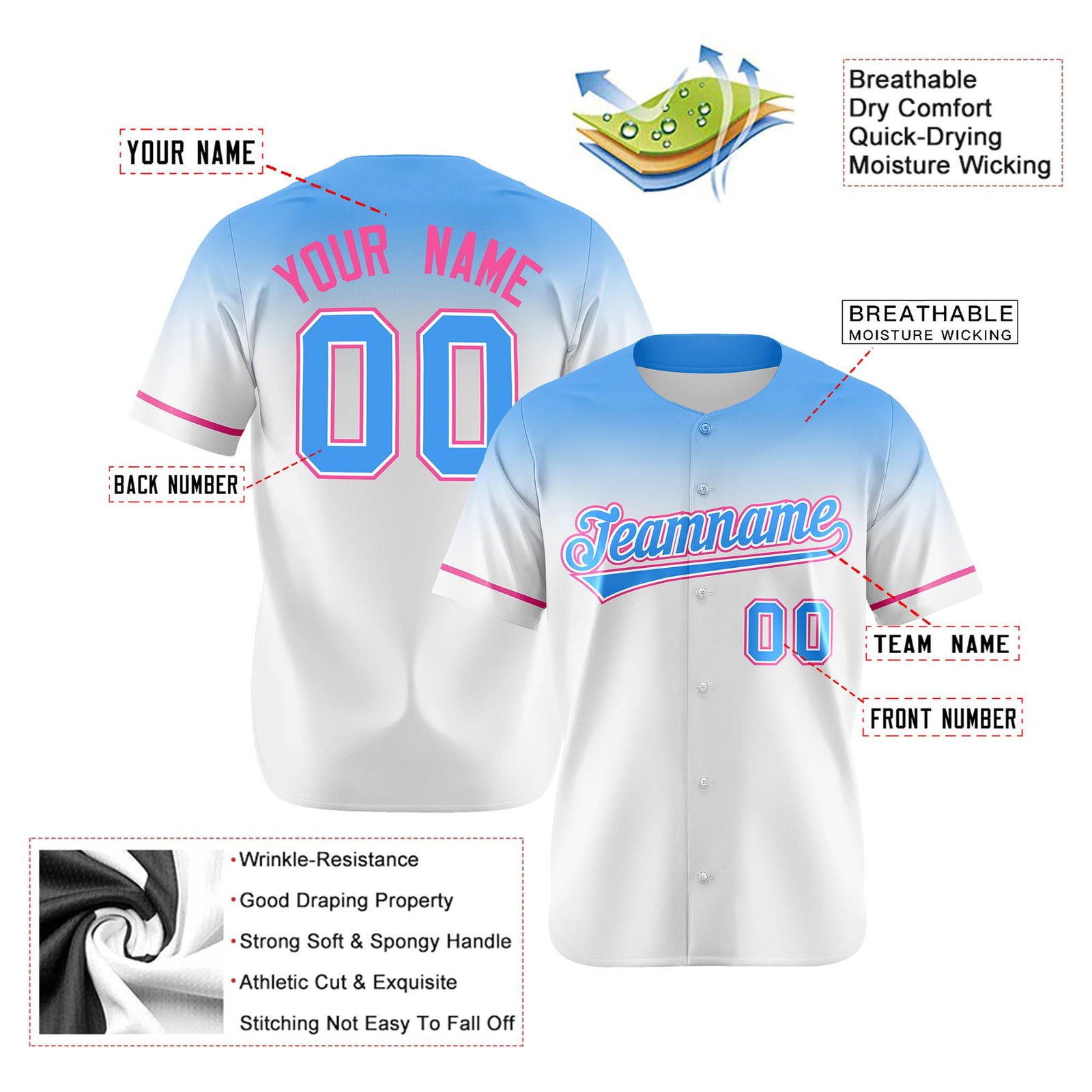 Custom White Powder Blue Gradient Fashion Design Authentic Baseball Jersey
