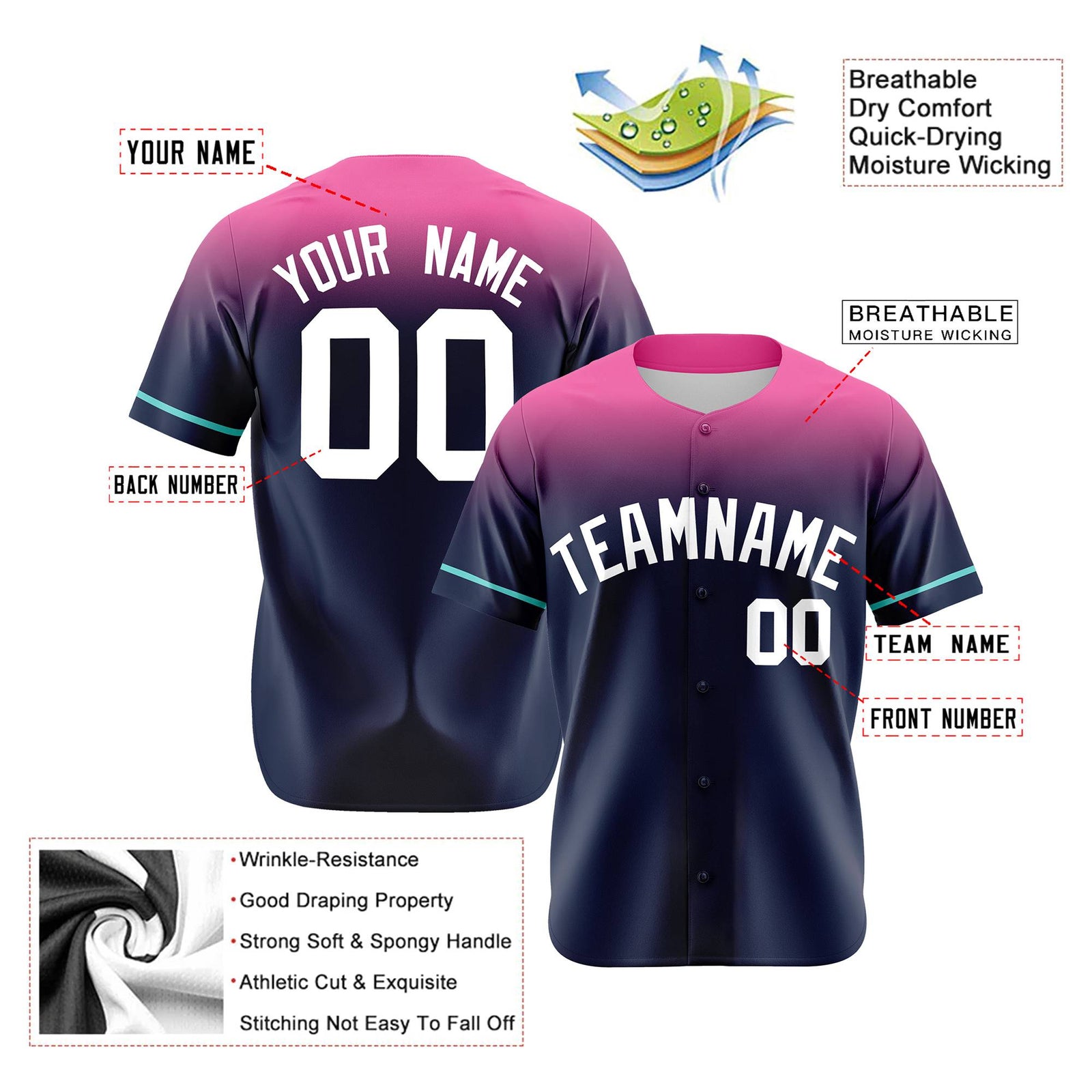 Custom Navy Pink Gradient Fashion Design Authentic Baseball Jersey
