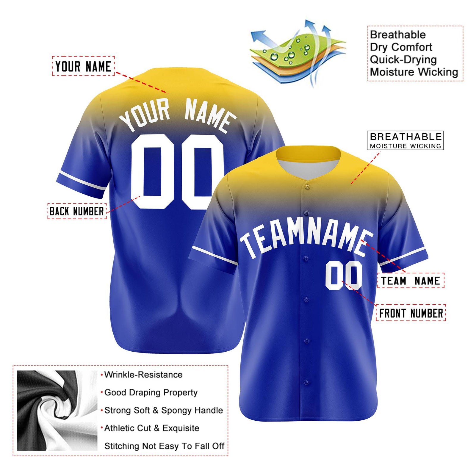 Custom Royal Blue Gold Gradient Fashion Design Authentic Baseball Jersey