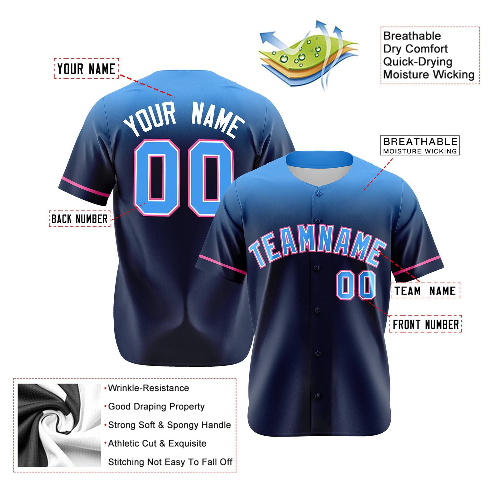 Custom Navy Powder Blue Gradient Fashion Design Authentic Baseball Jersey