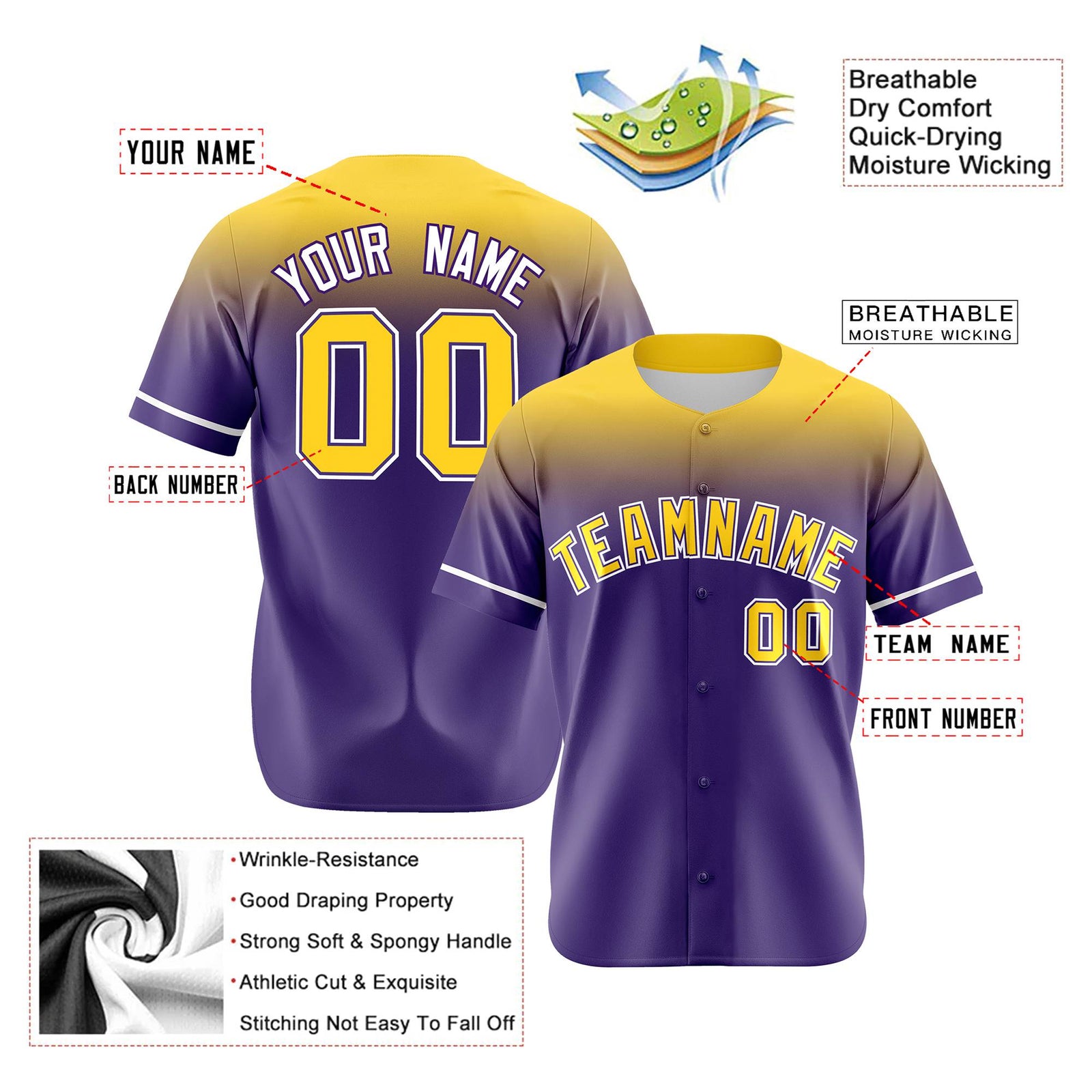 Custom Purple Yellow Gradient Fashion Design Authentic Baseball Jersey