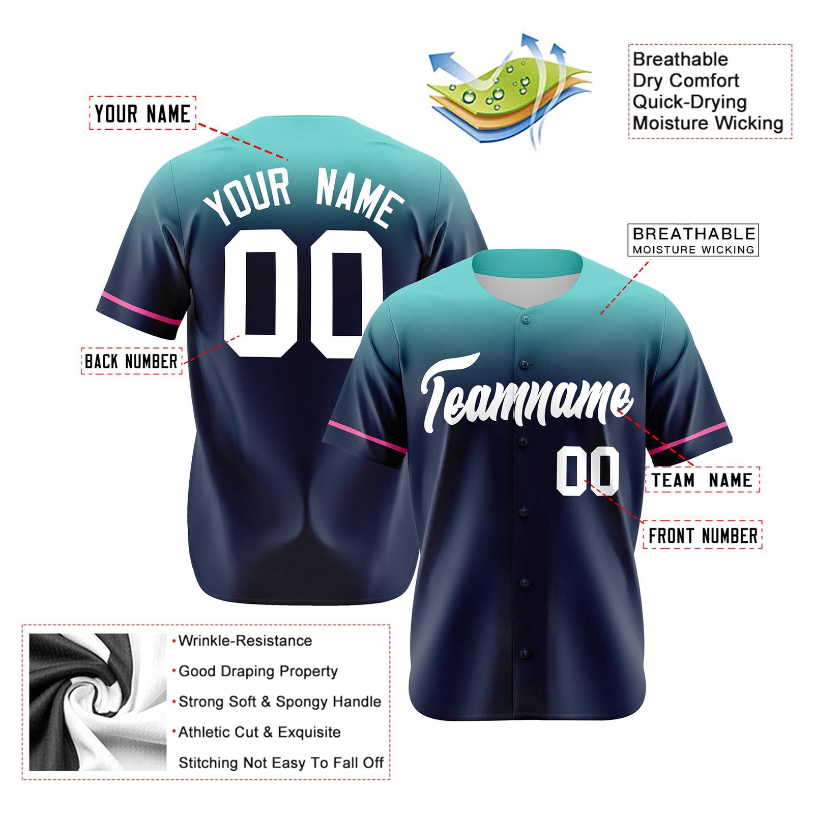 Custom Navy Teal Gradient Fashion Design Authentic Baseball Jersey