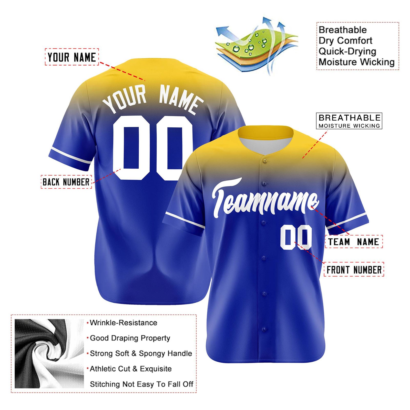 Custom Royal Blue Gold Gradient Fashion Design Authentic Baseball Jersey