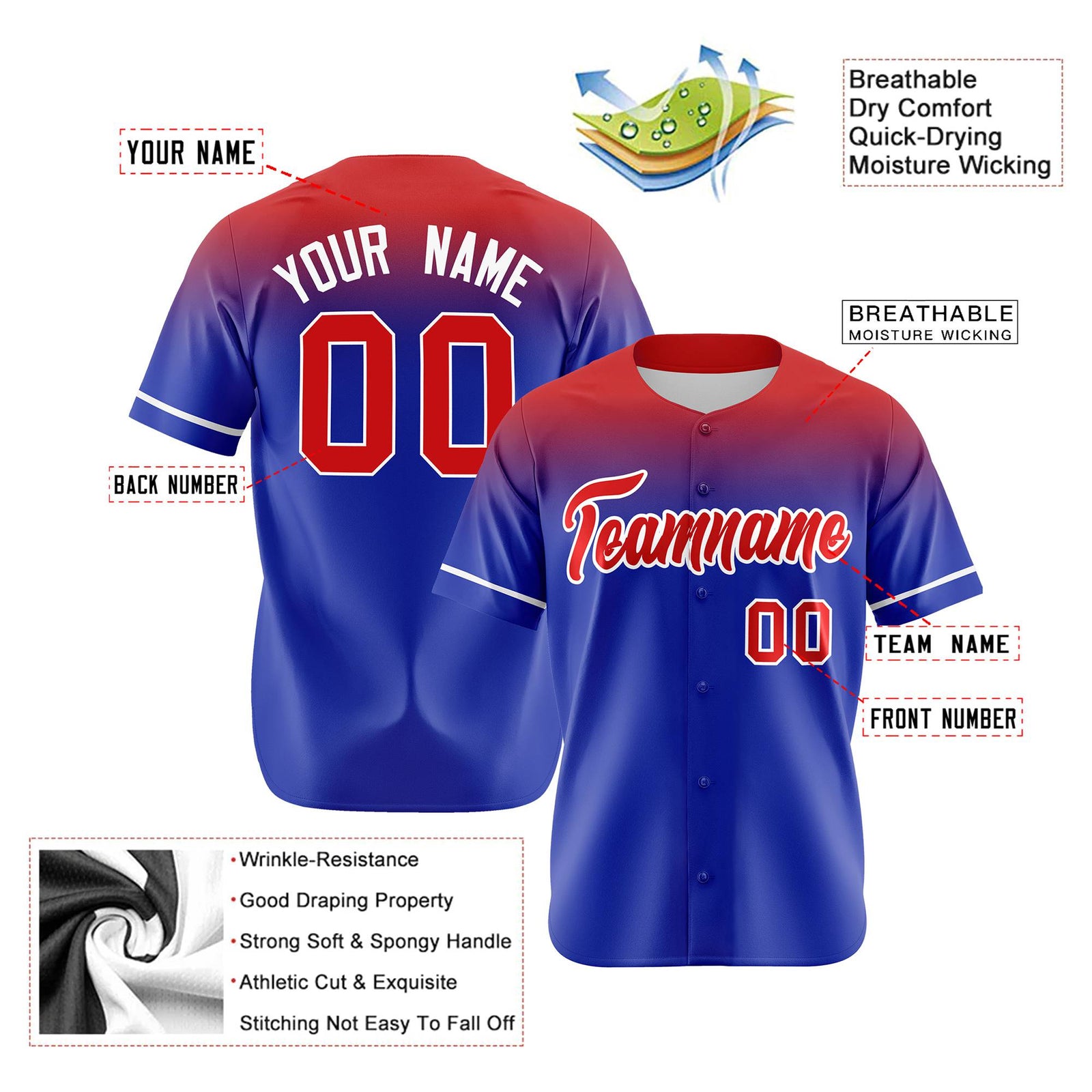 Custom Royal Blue Red Gradient Fashion Design Authentic Baseball Jersey