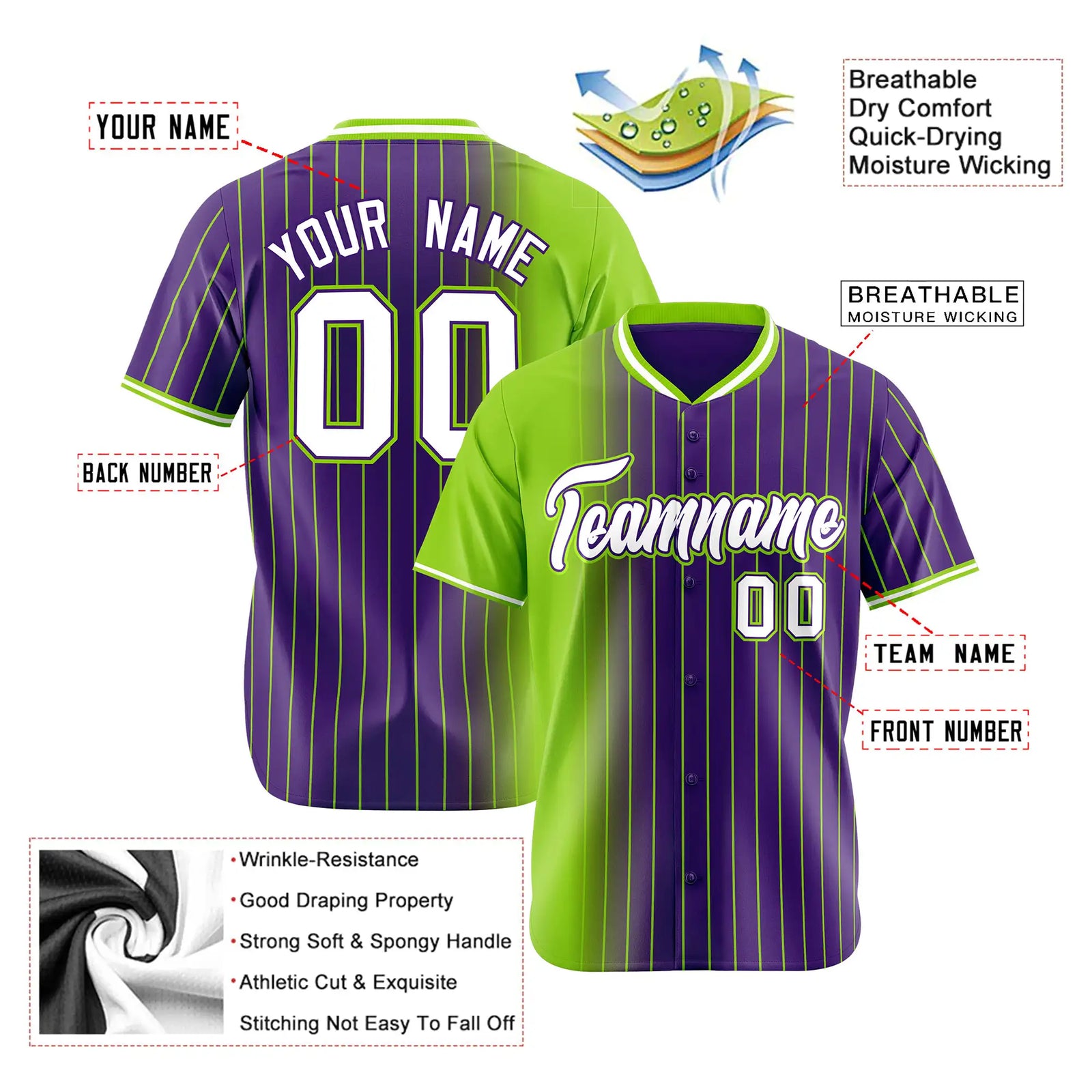 Custom Neon Green Purple Pinstripe White Authentic Baseball Jersey
