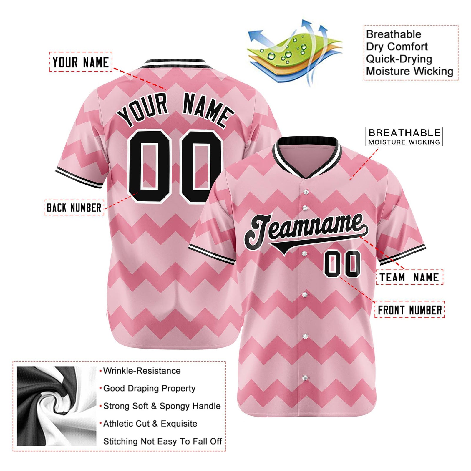 Custom Light Pink Black White Authentic Corrugated Fashion Baseball Jersey