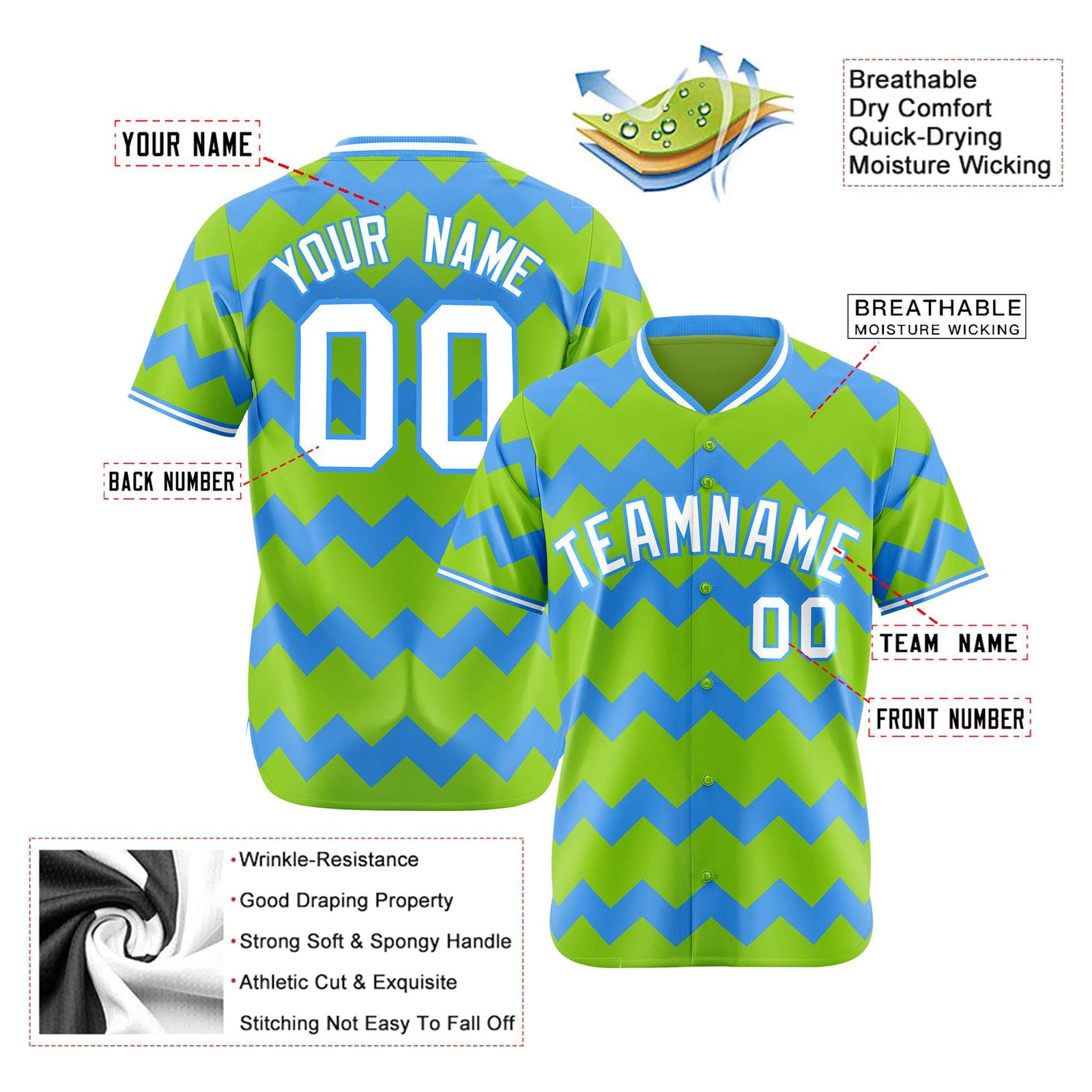 Custom Neon Green Powder Blue White Authentic Corrugated Fashion Baseball Jersey