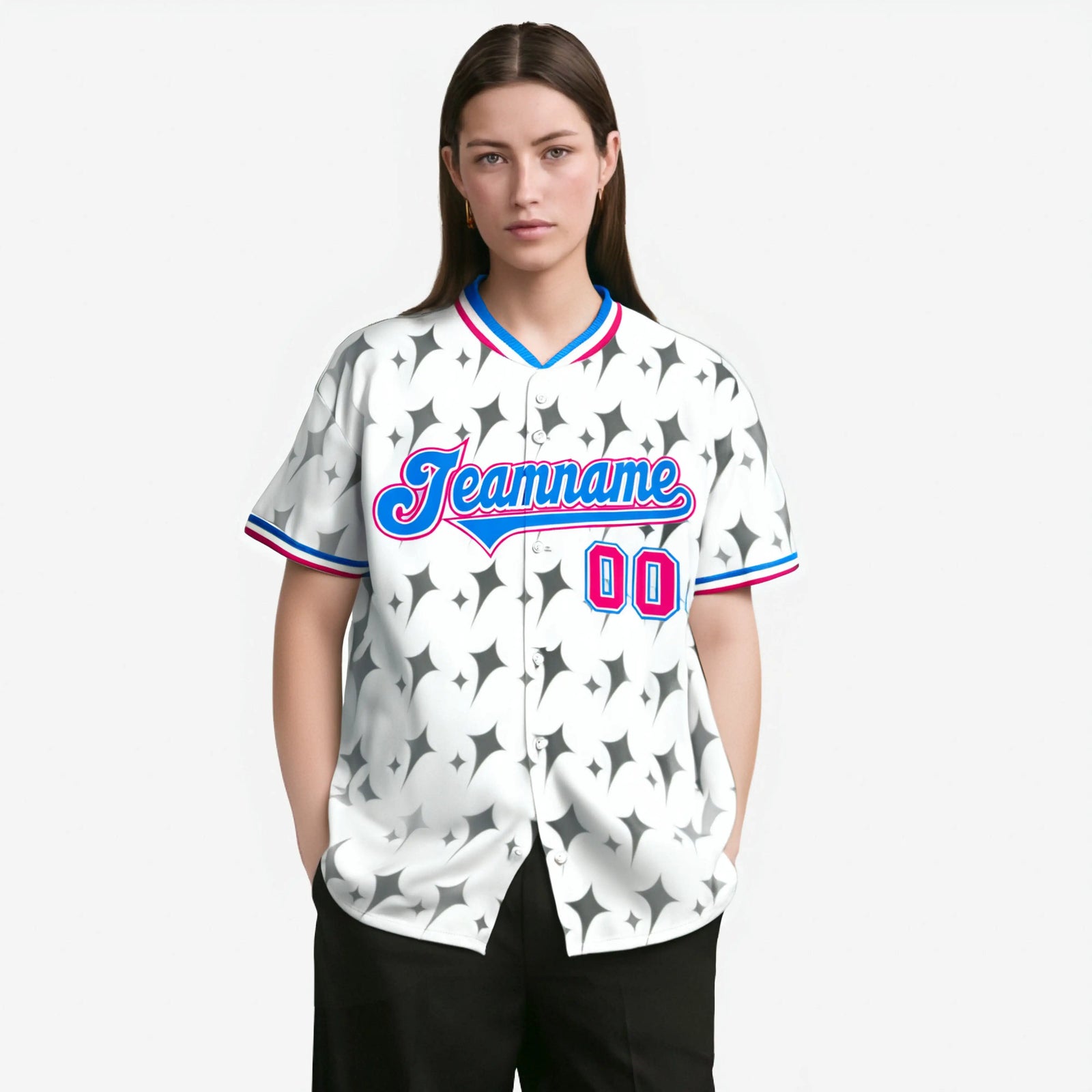 Custom White Powder Blue Pink Authentic Four Pointed Baseball Jersey